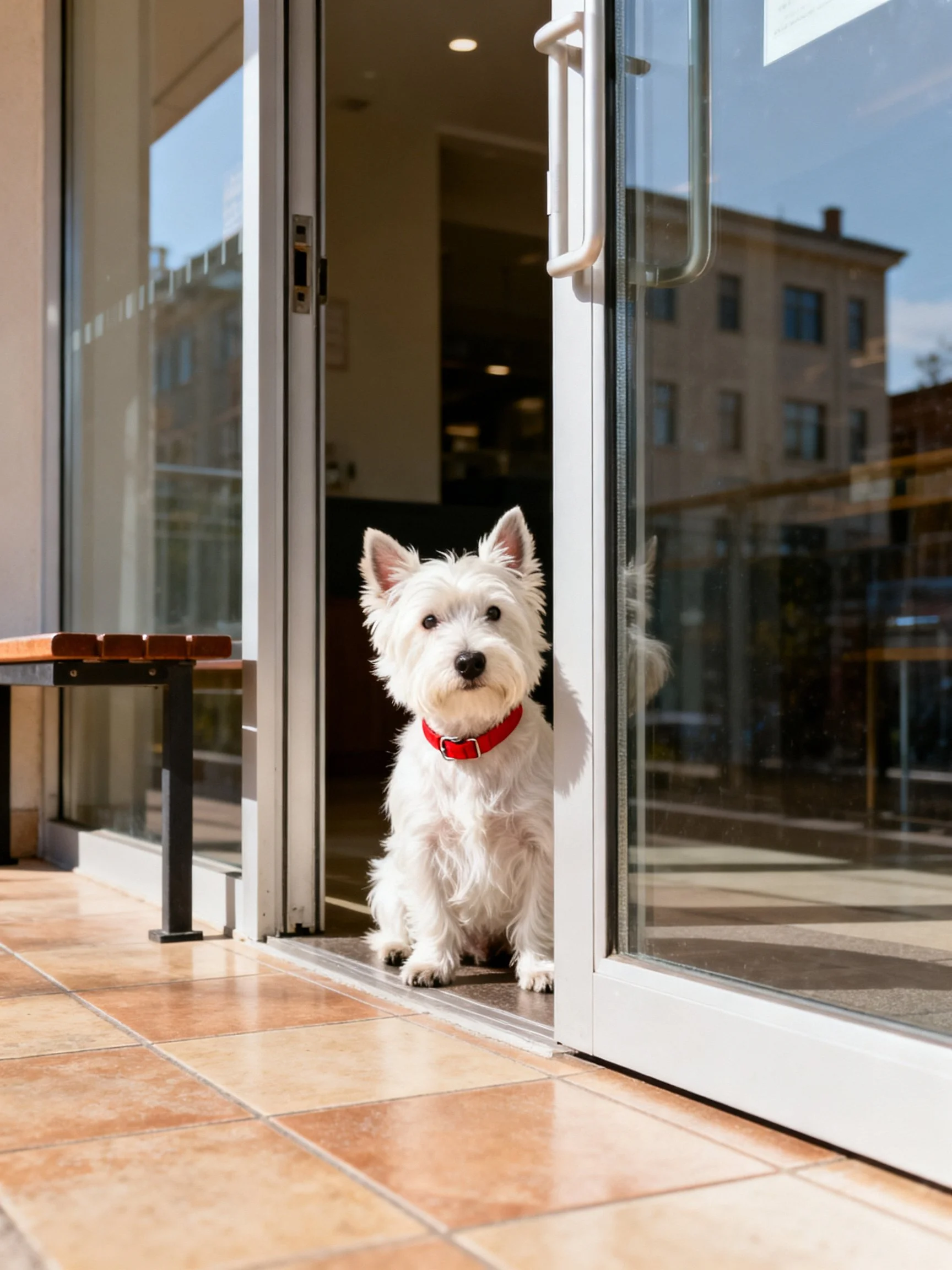 White Westie with red collar sits by glass sliding door