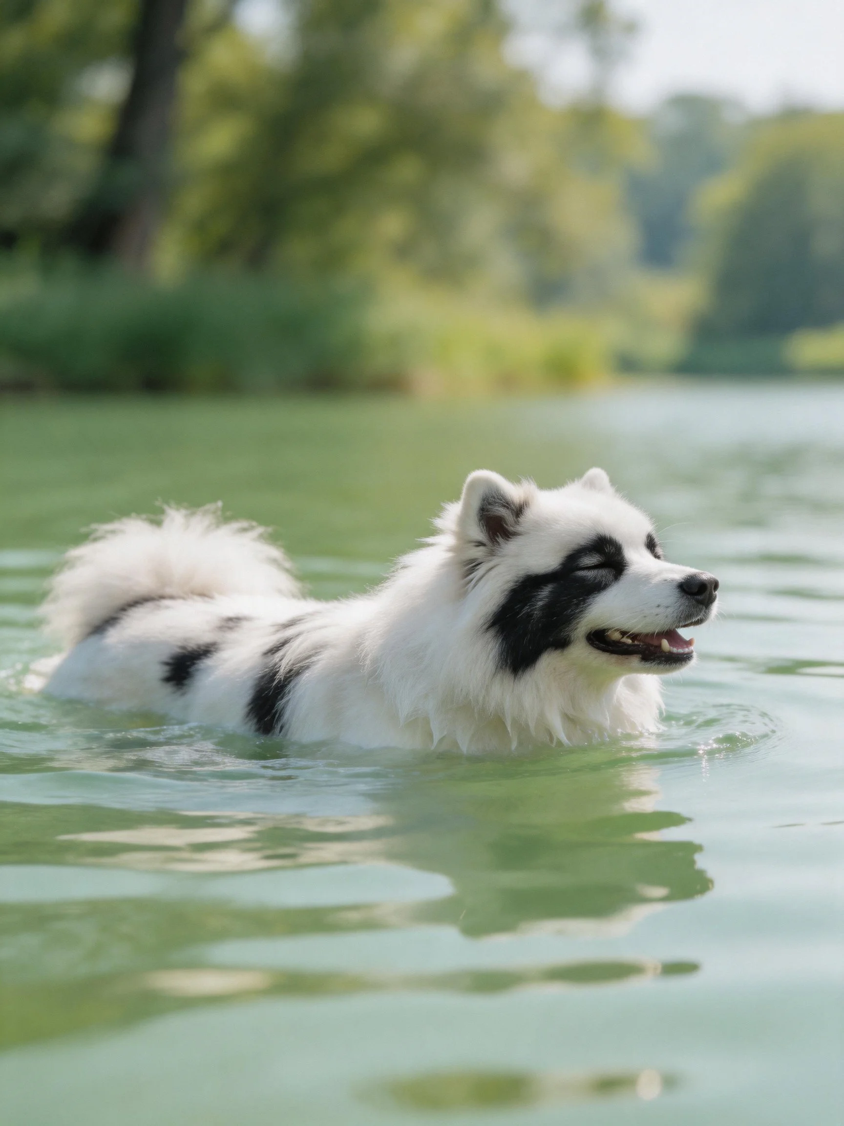 A white and black dog swims peacefully in calm water amid nature.