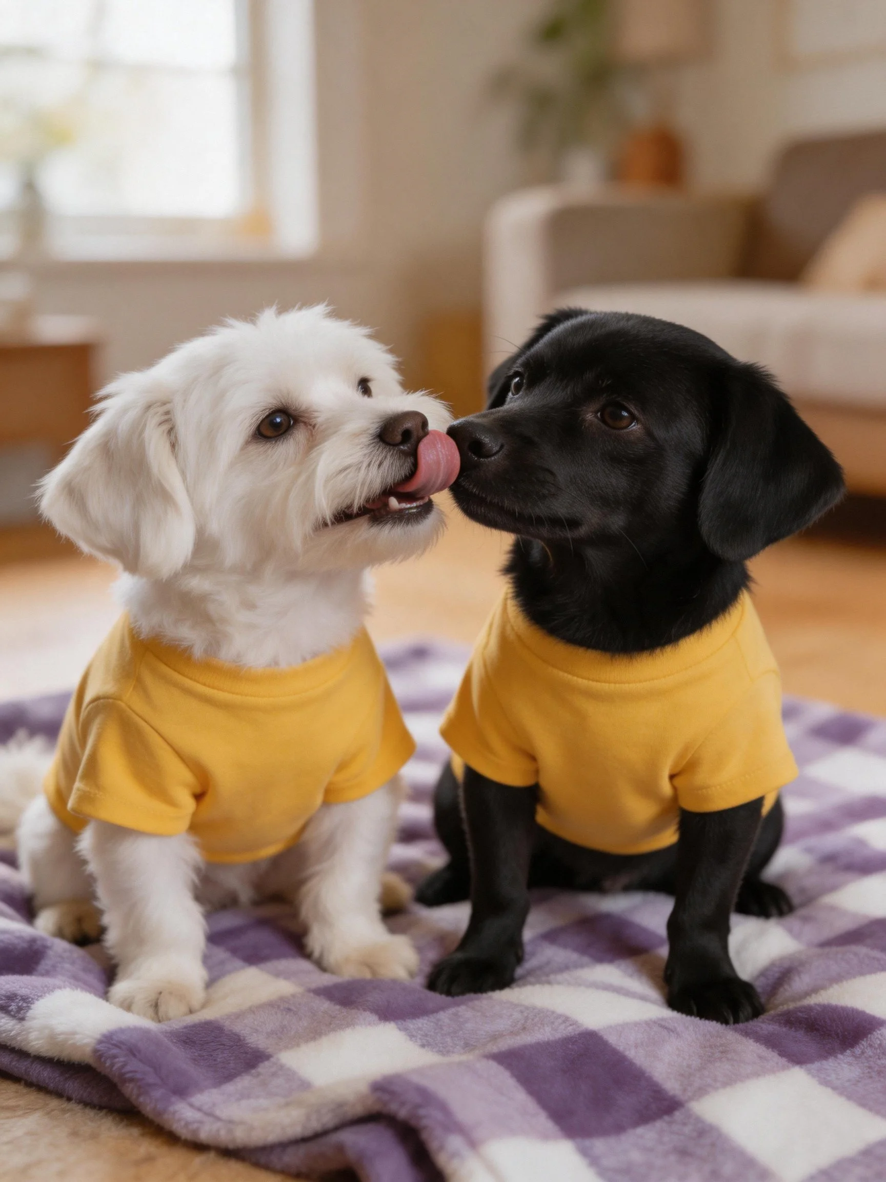 Dogs in yellow shirts interact on a checkered blanket indoors