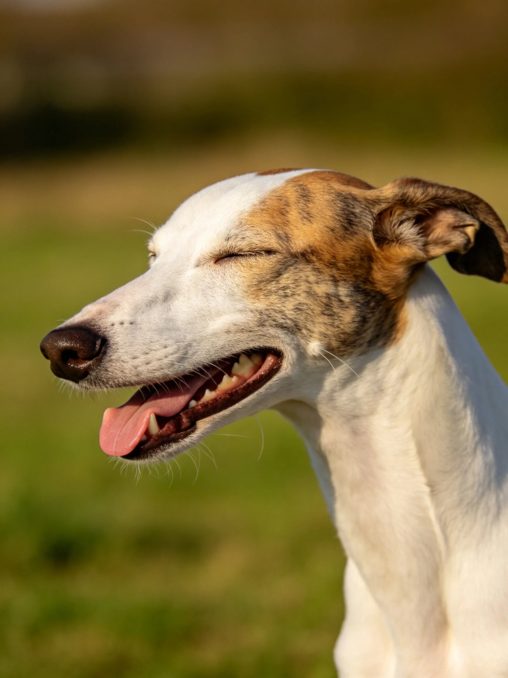 A brindle and white dog relaxes with closed eyes in a sunlit outdoor setting.