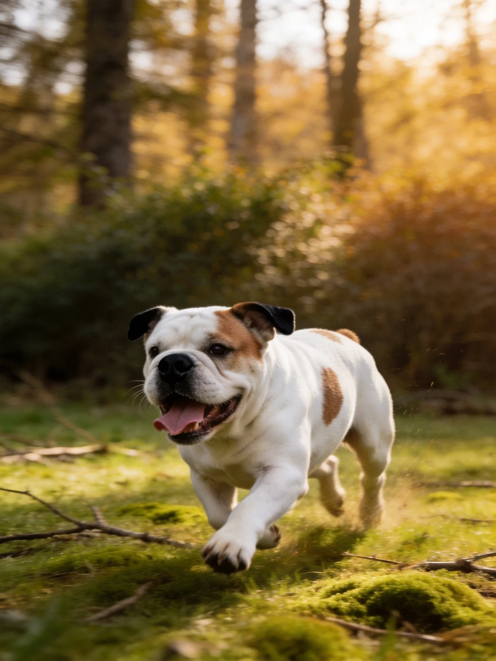 White and brown bulldog running through sunlit forest clearing