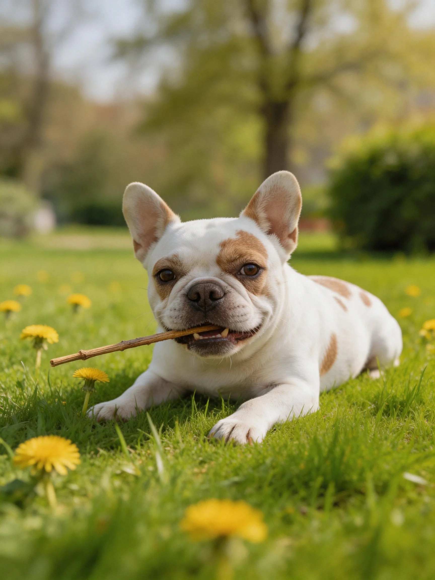 A small dog chews a stick while resting on grass dotted with yellow flowers.