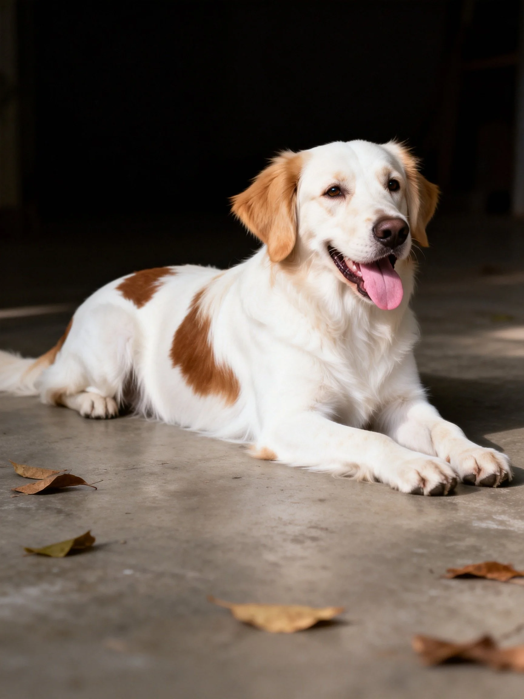 A white and brown-spotted dog relaxes on concrete with scattered leaves.
