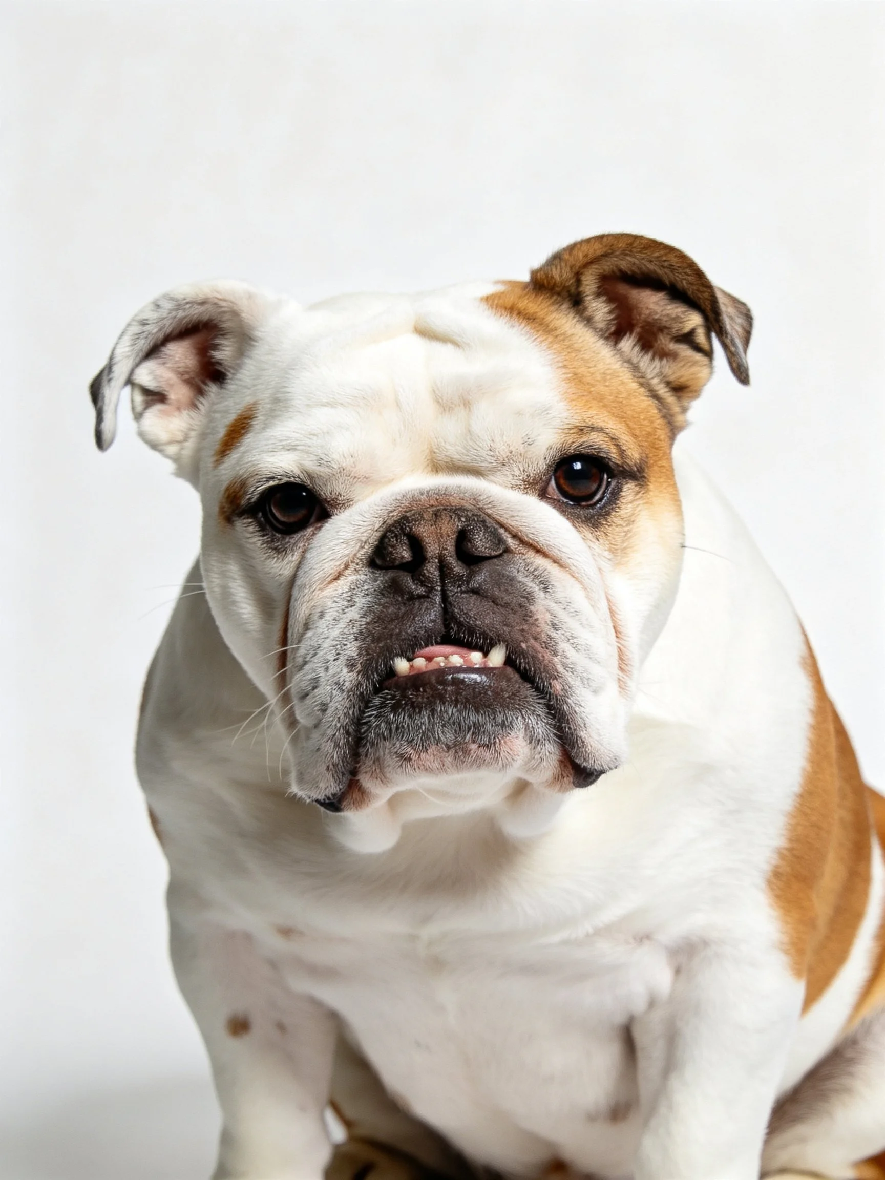 White and tan English Bulldog sitting against a plain white backdrop