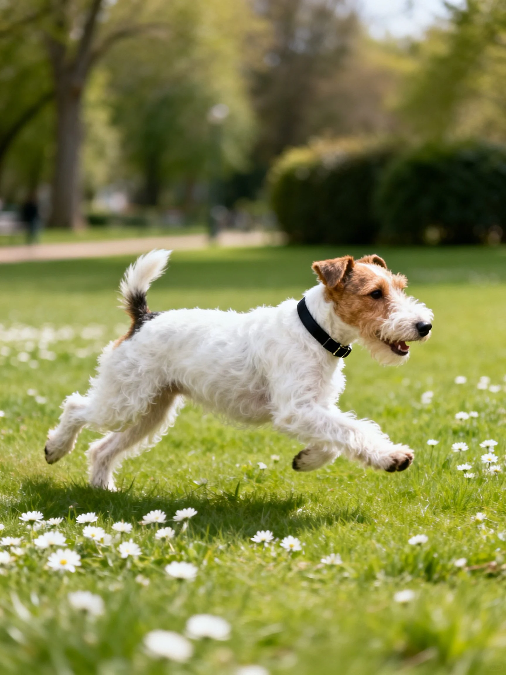 A small dog runs joyfully through a grassy park with daisies.