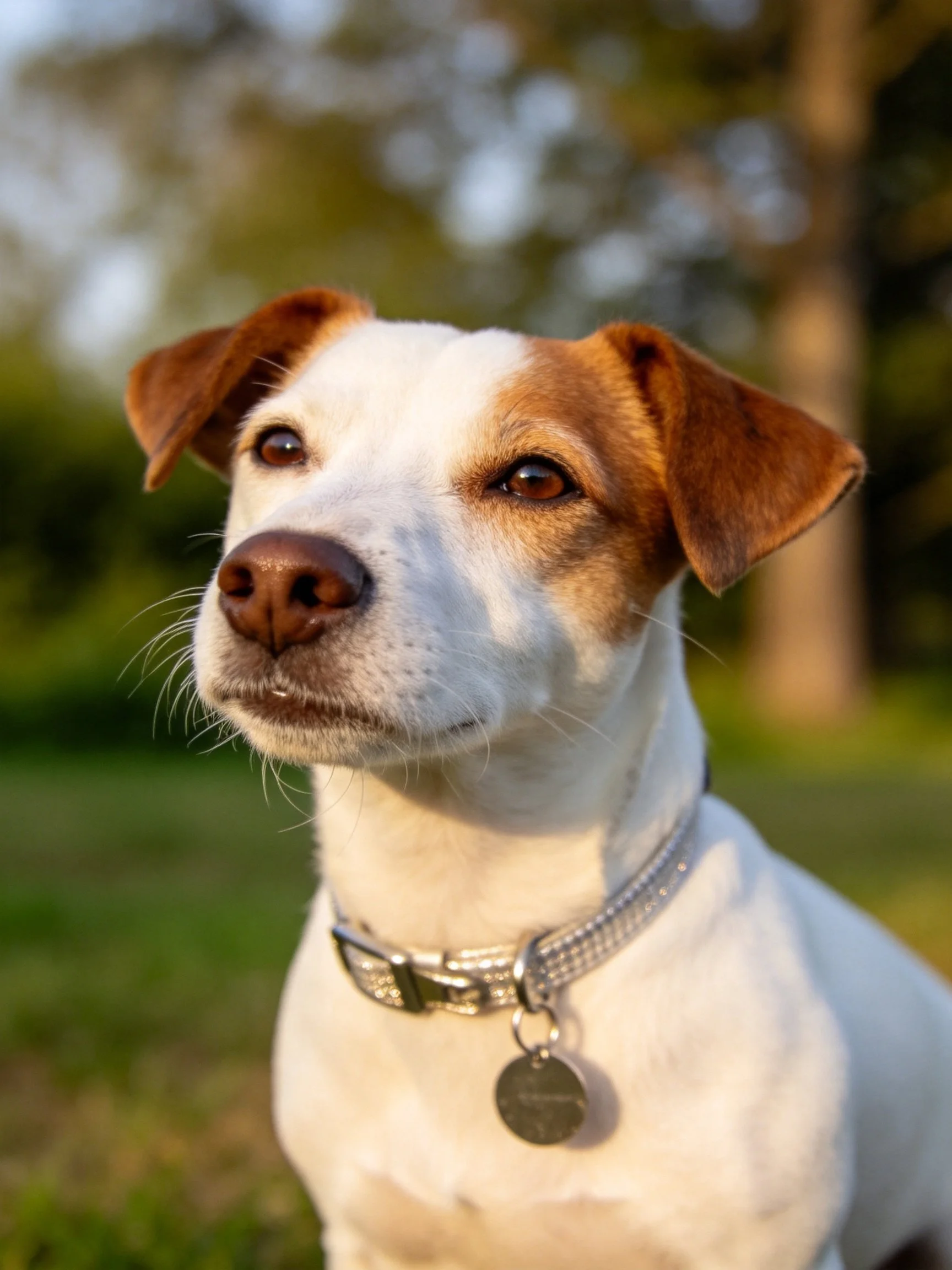 A white and tan dog with a silver collar is outdoors.