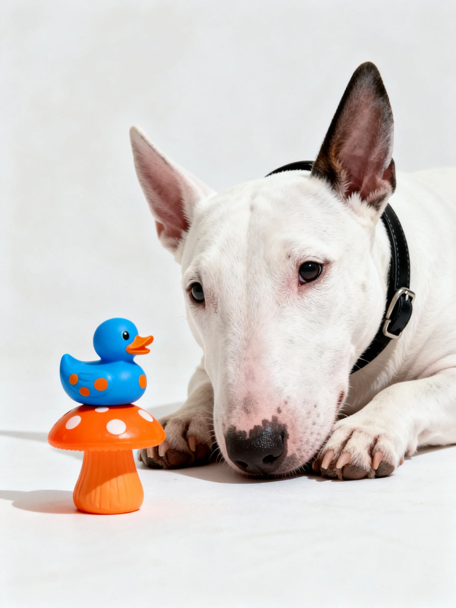 White bull terrier lying next to blue rubber duck on orange mushroom toy