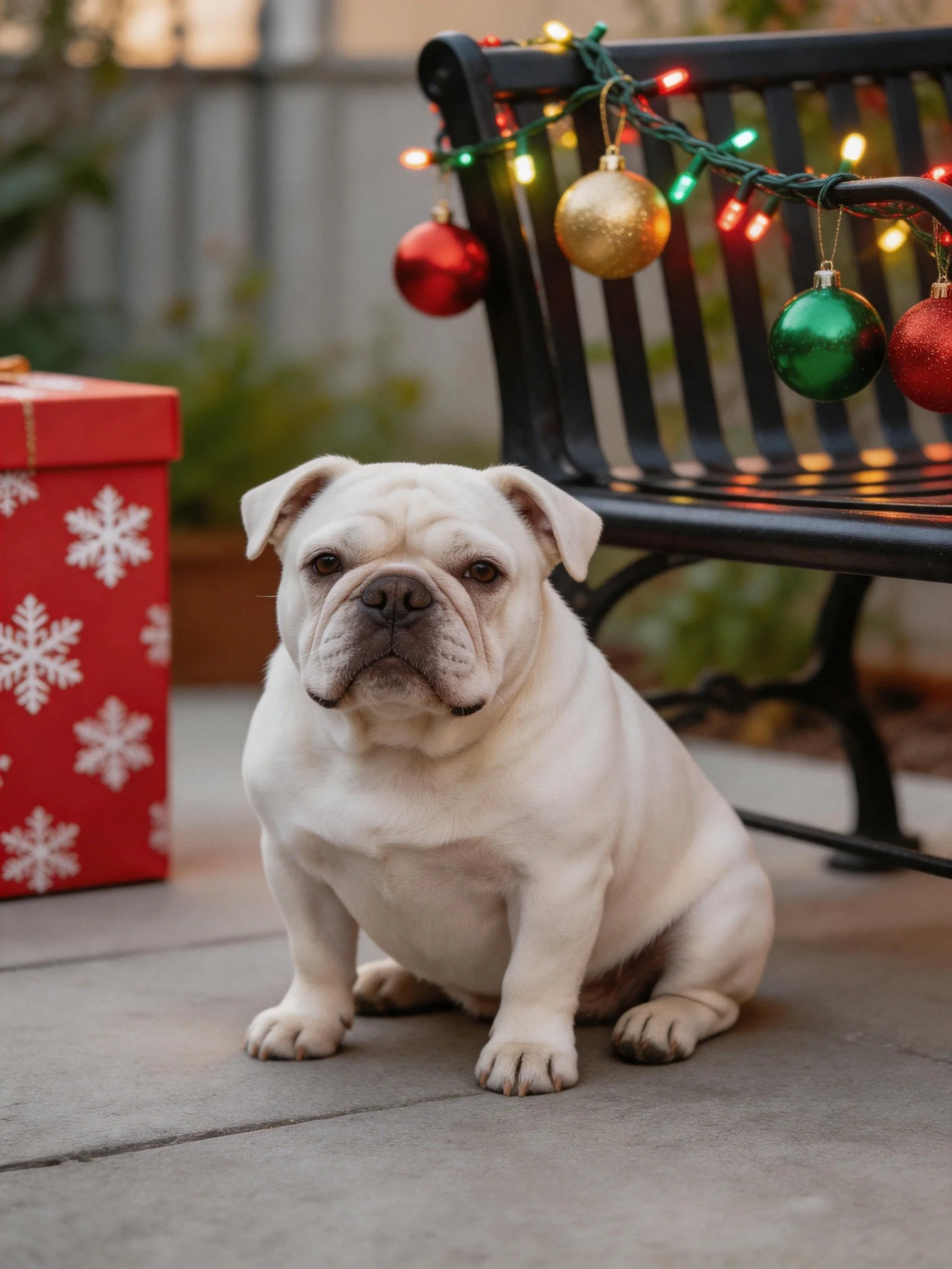 A white bulldog sits outdoors next to a bench decorated for the holidays.