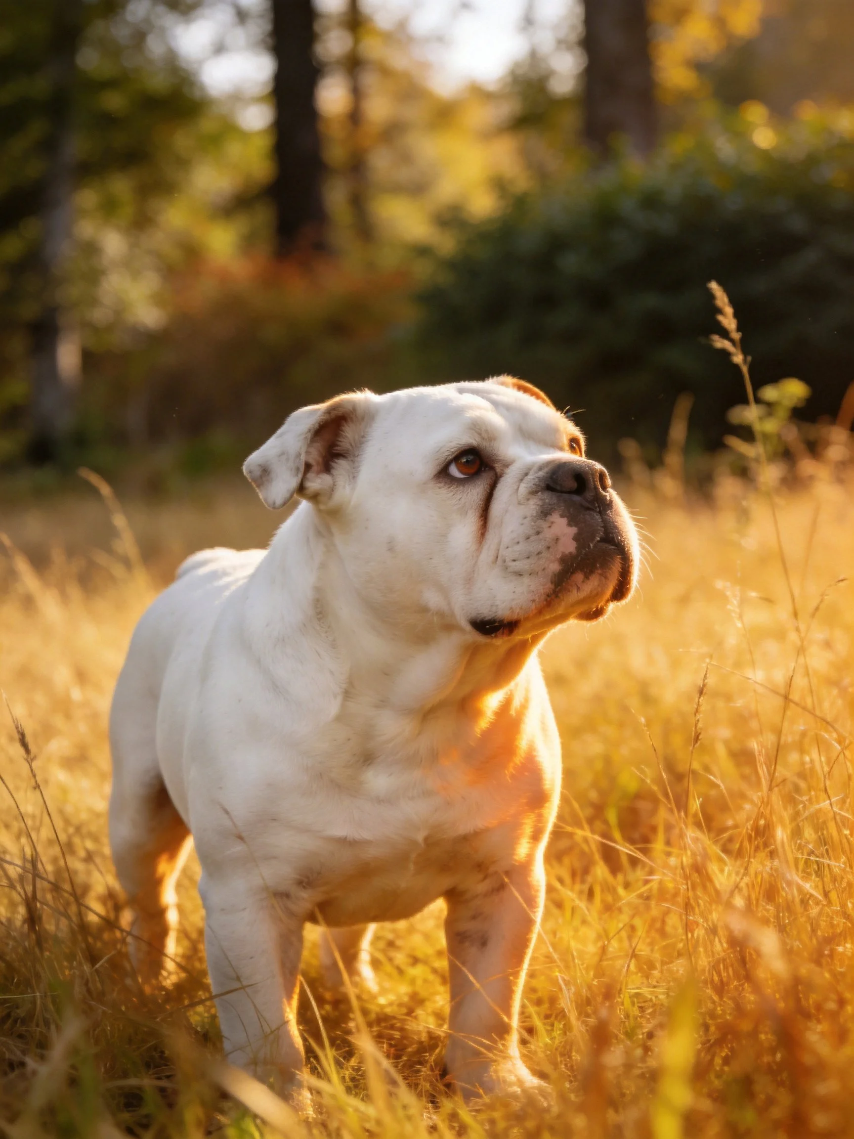 A white bulldog stands in golden grass near a forest at sunset