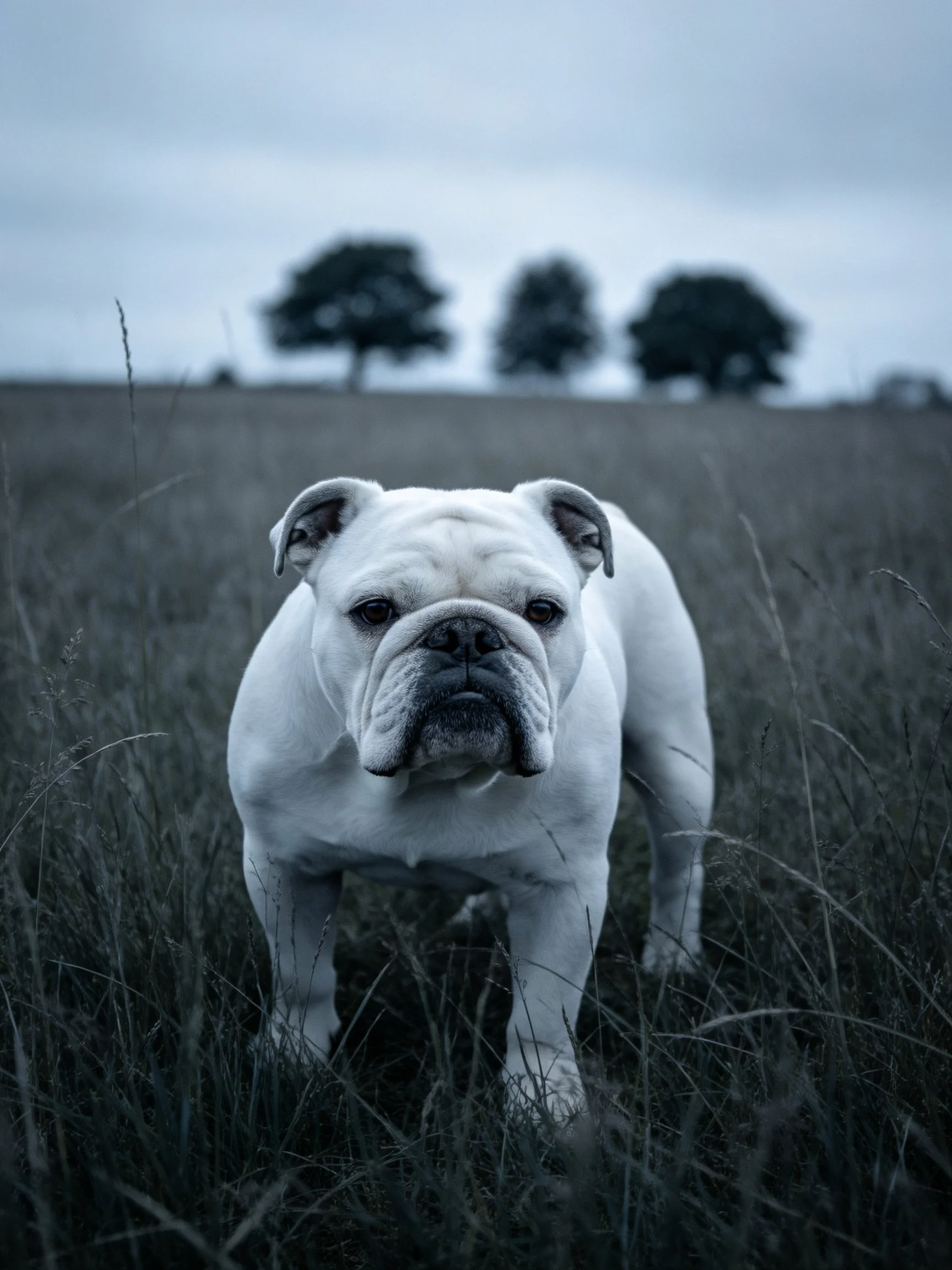 A white bulldog stands amidst tall grass with trees in the distance.