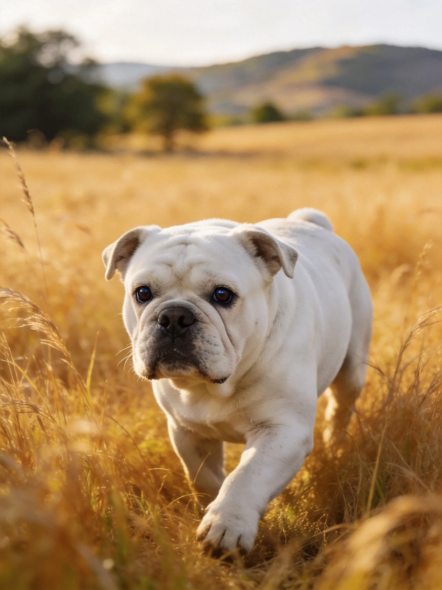A white bulldog puppy runs through golden grass in an open field.