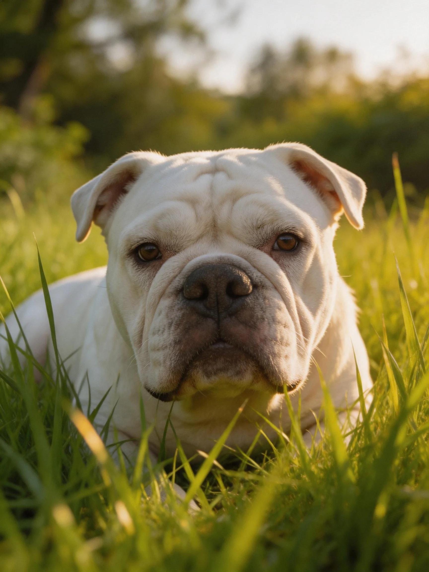 A white bulldog rests calmly amidtall green grass in a sunlit outdoor area.