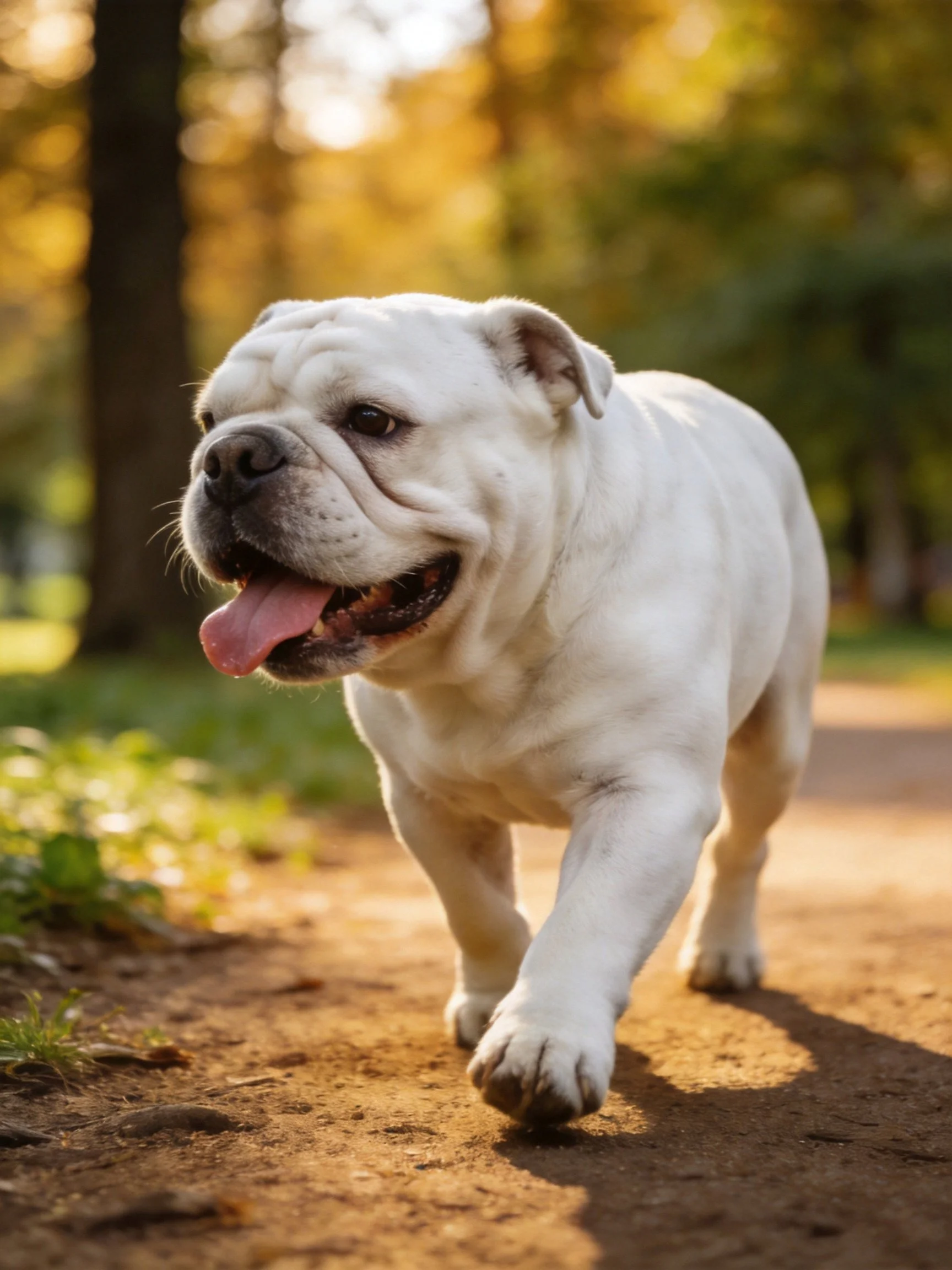 A white bulldog walks on a sunlit dirt path near trees.