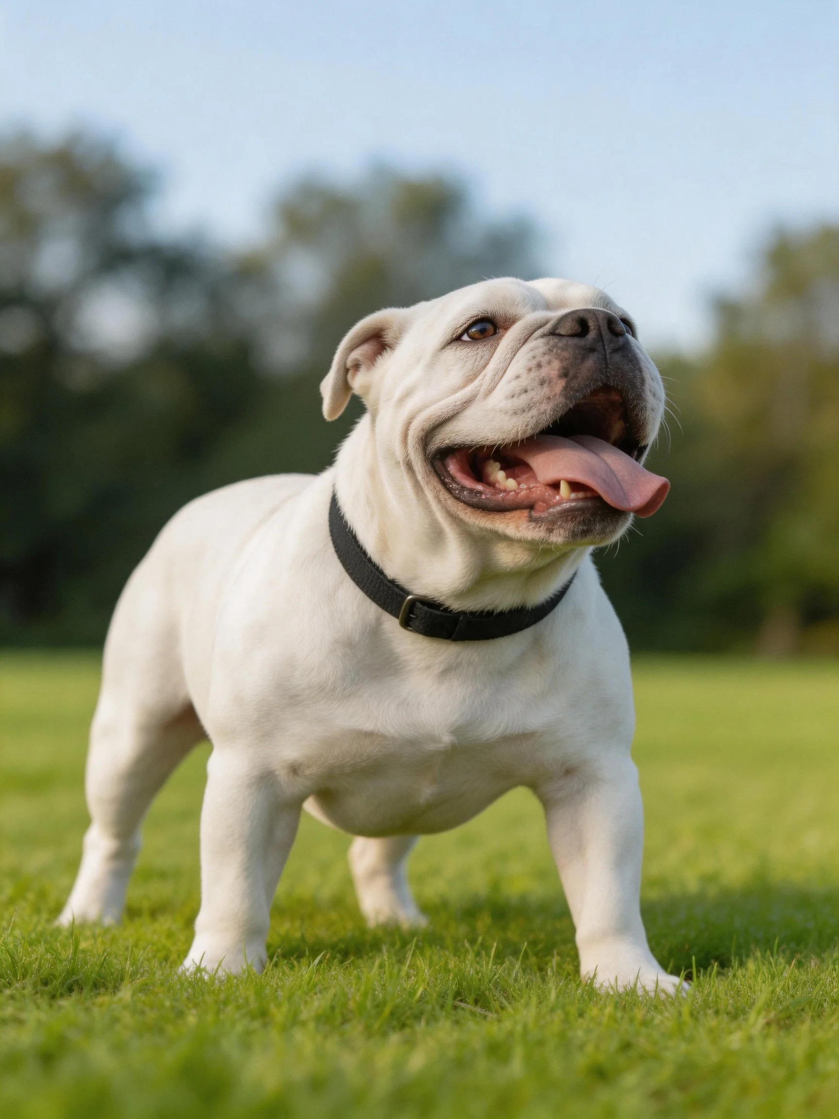 A white bulldog stands on grass with tongue out.