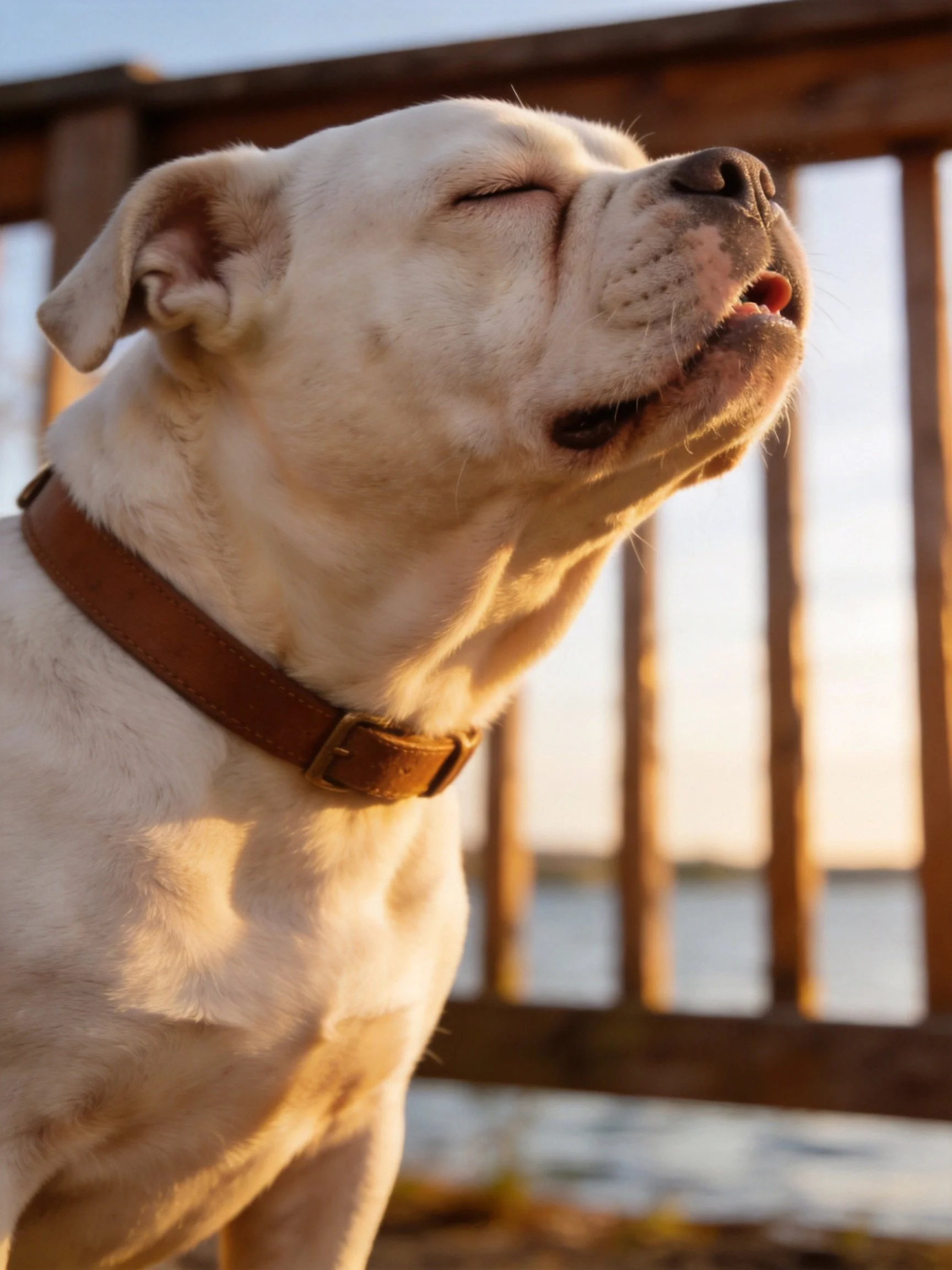 A white bulldogrelaxes near a wooden railing by the water.