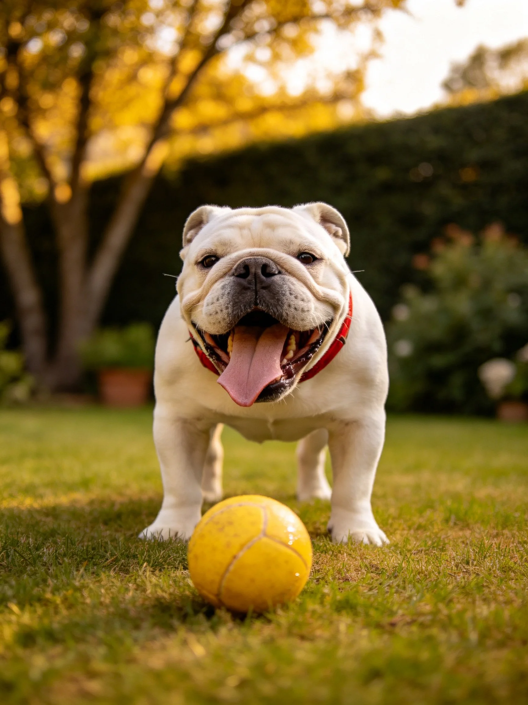 A white bulldog with a red collar stands beside a yellow ball outdoors.