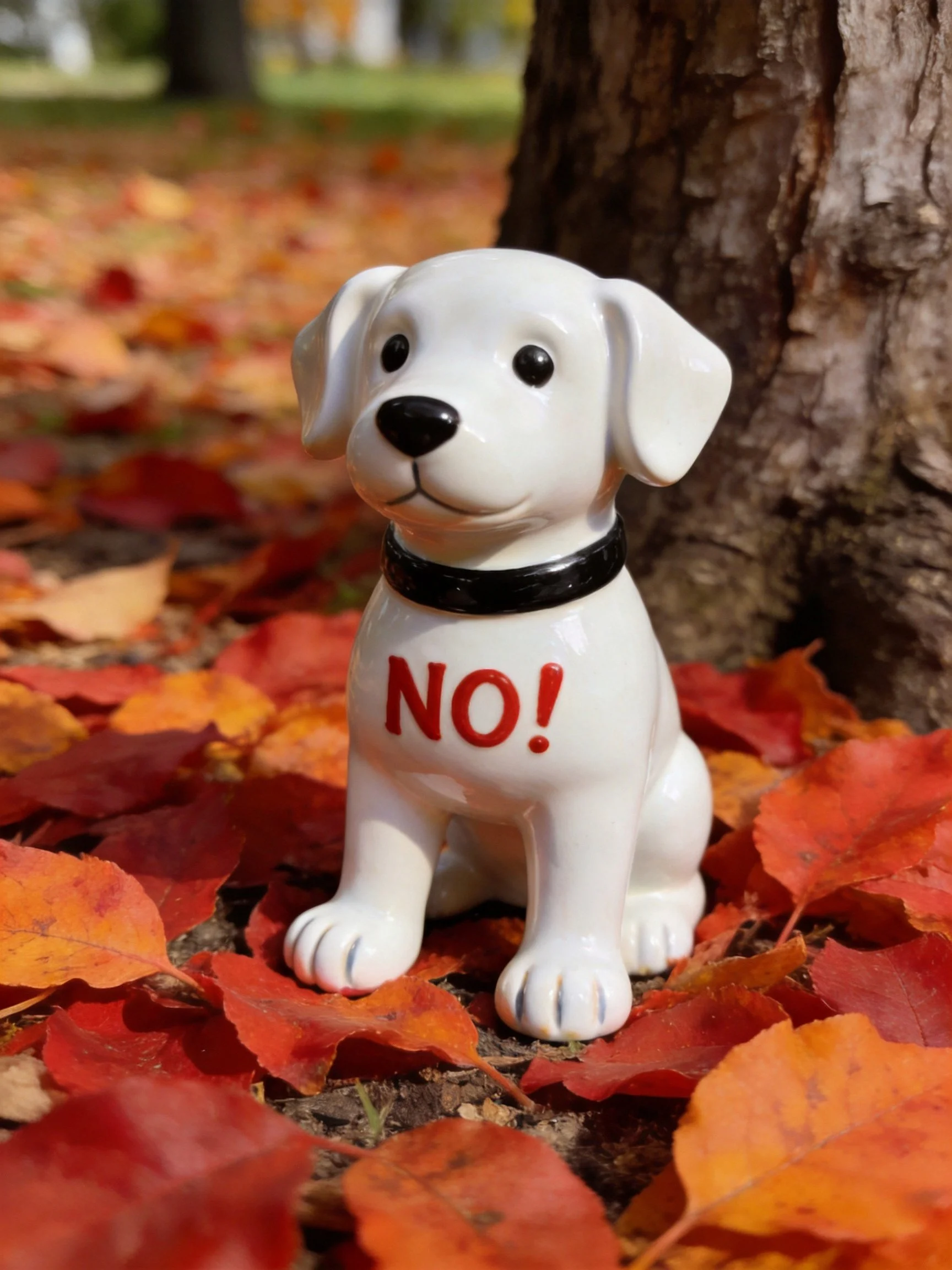 A white ceramic dog figurine marked NO! rests among autumn leaves next to a tree trunk.