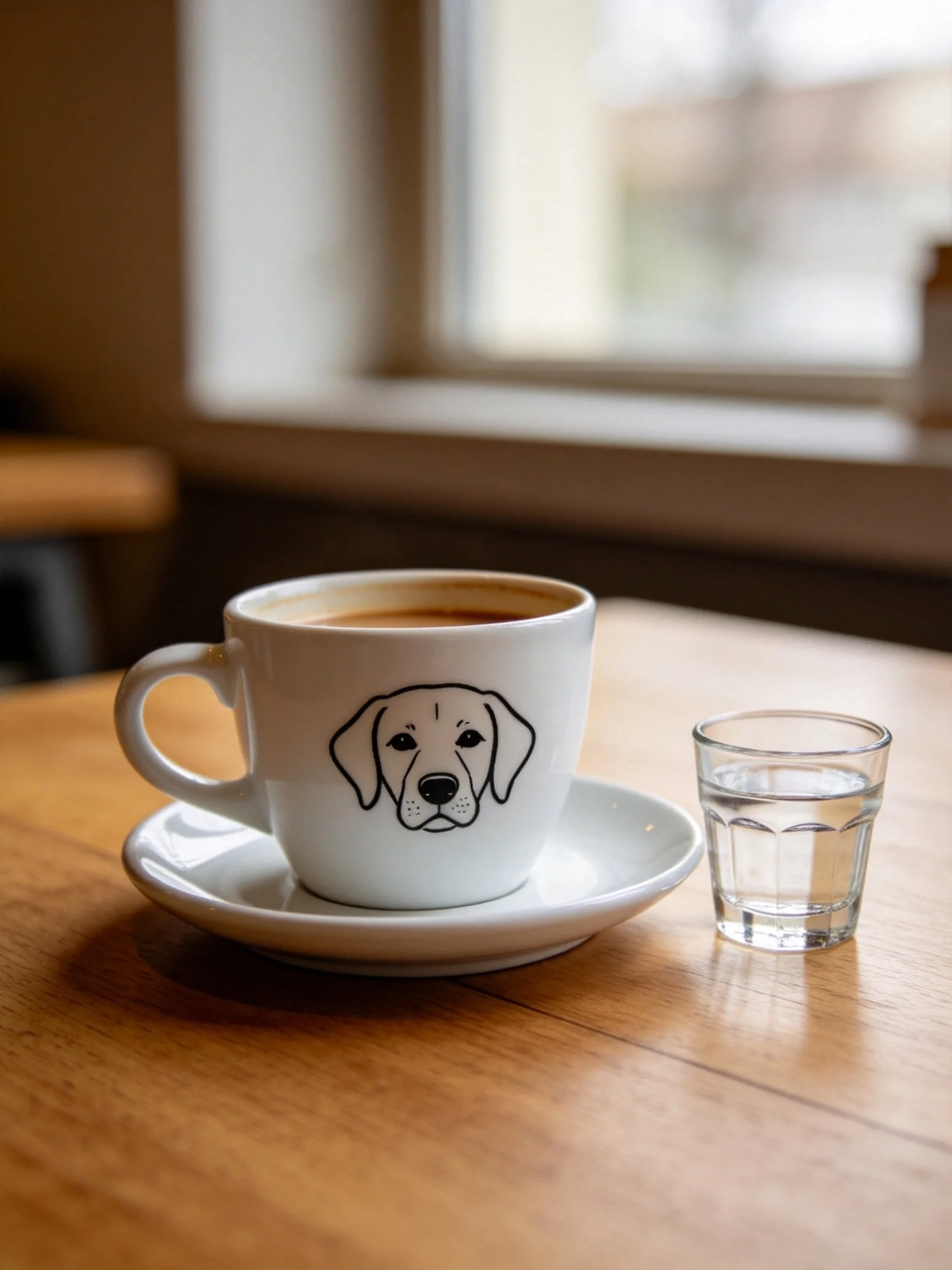 Coffee cup with dog illustration, saucer, and shot glass sit on a wooden table near a window.