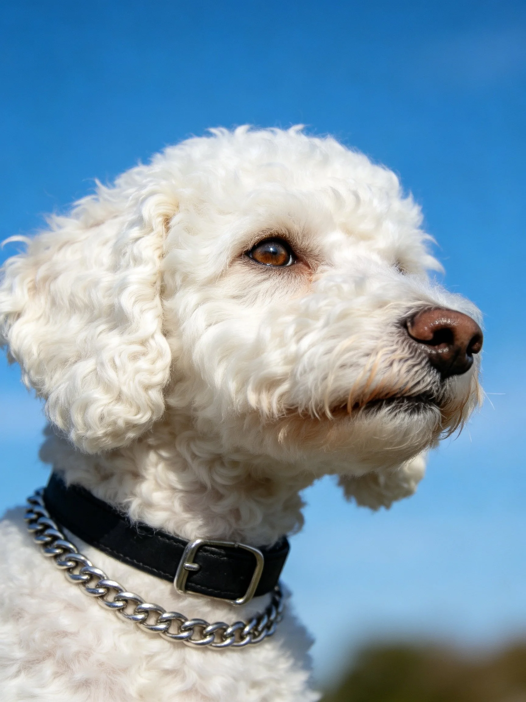 A white curly dog with a black collar and silver chain is shown against a blue sky.