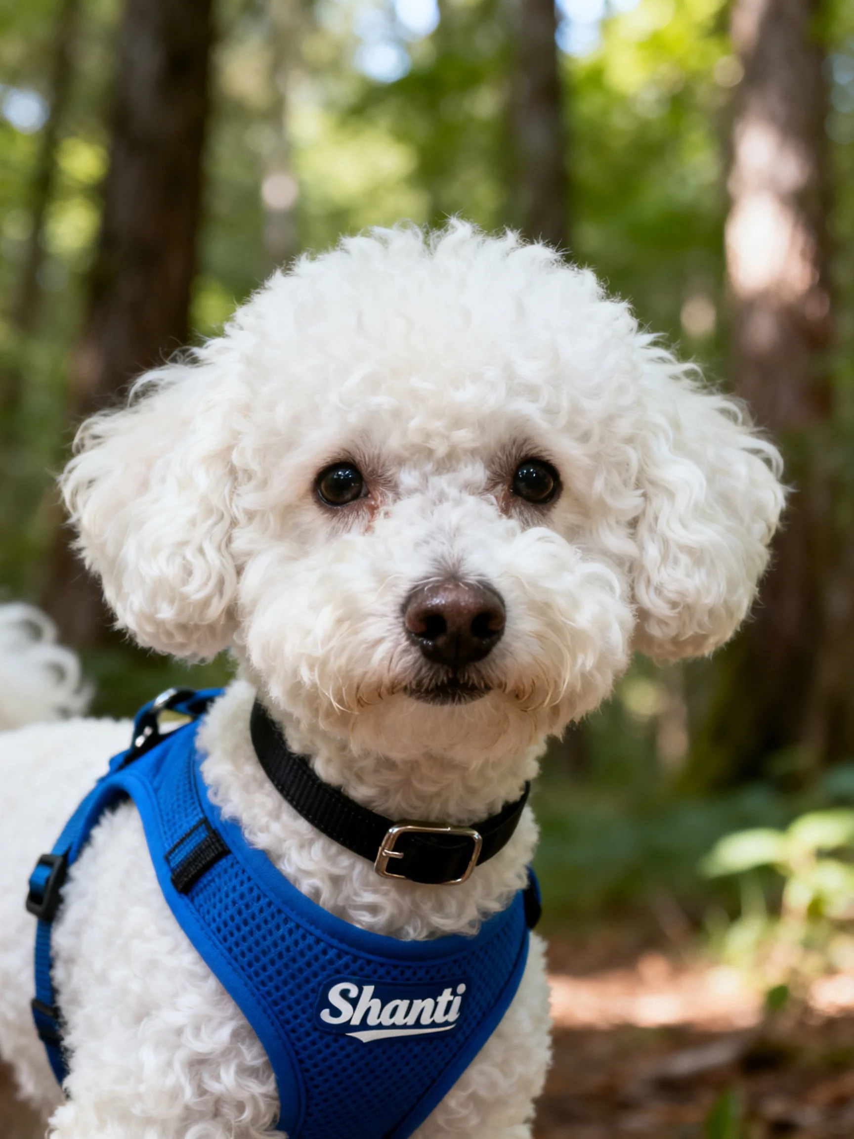 A white curly-haired dog wears a blue harness in a wooded area.