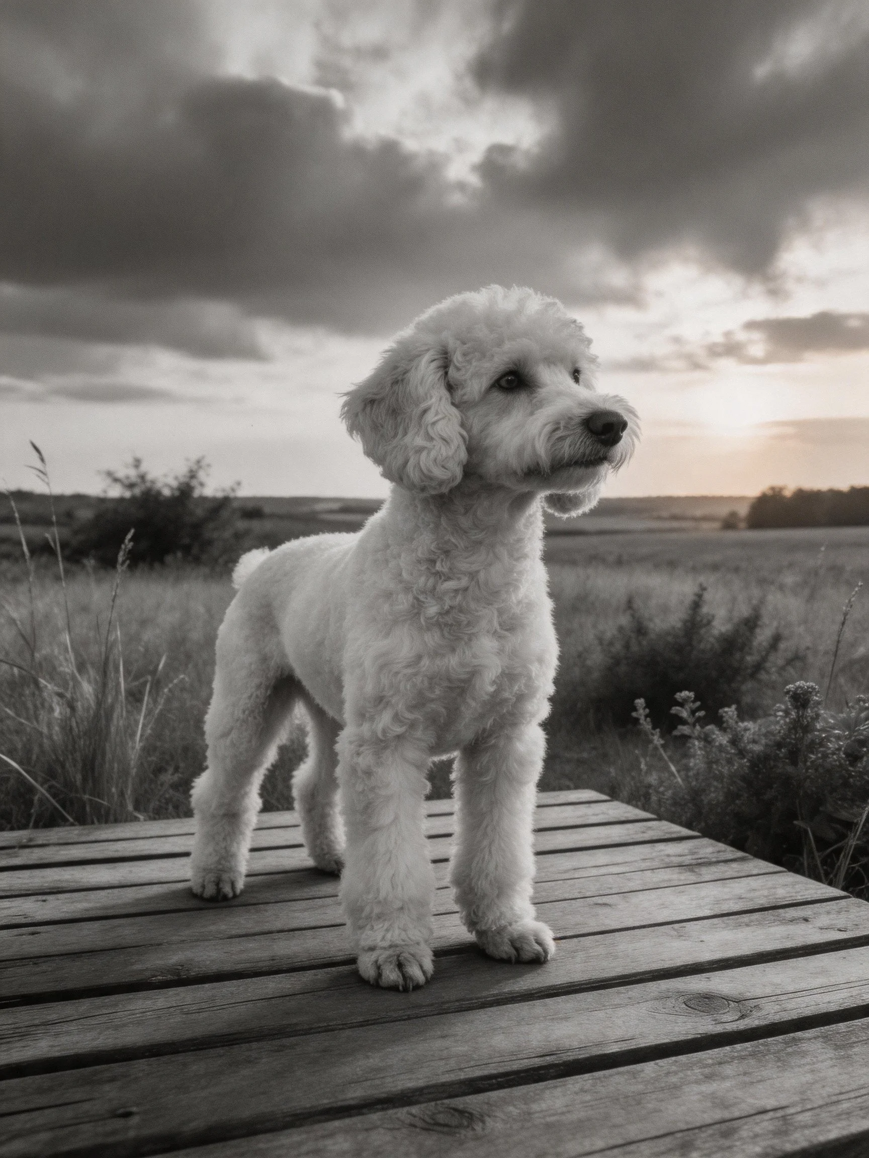 A white curly-haired dog standson a wooden platform in an open field.