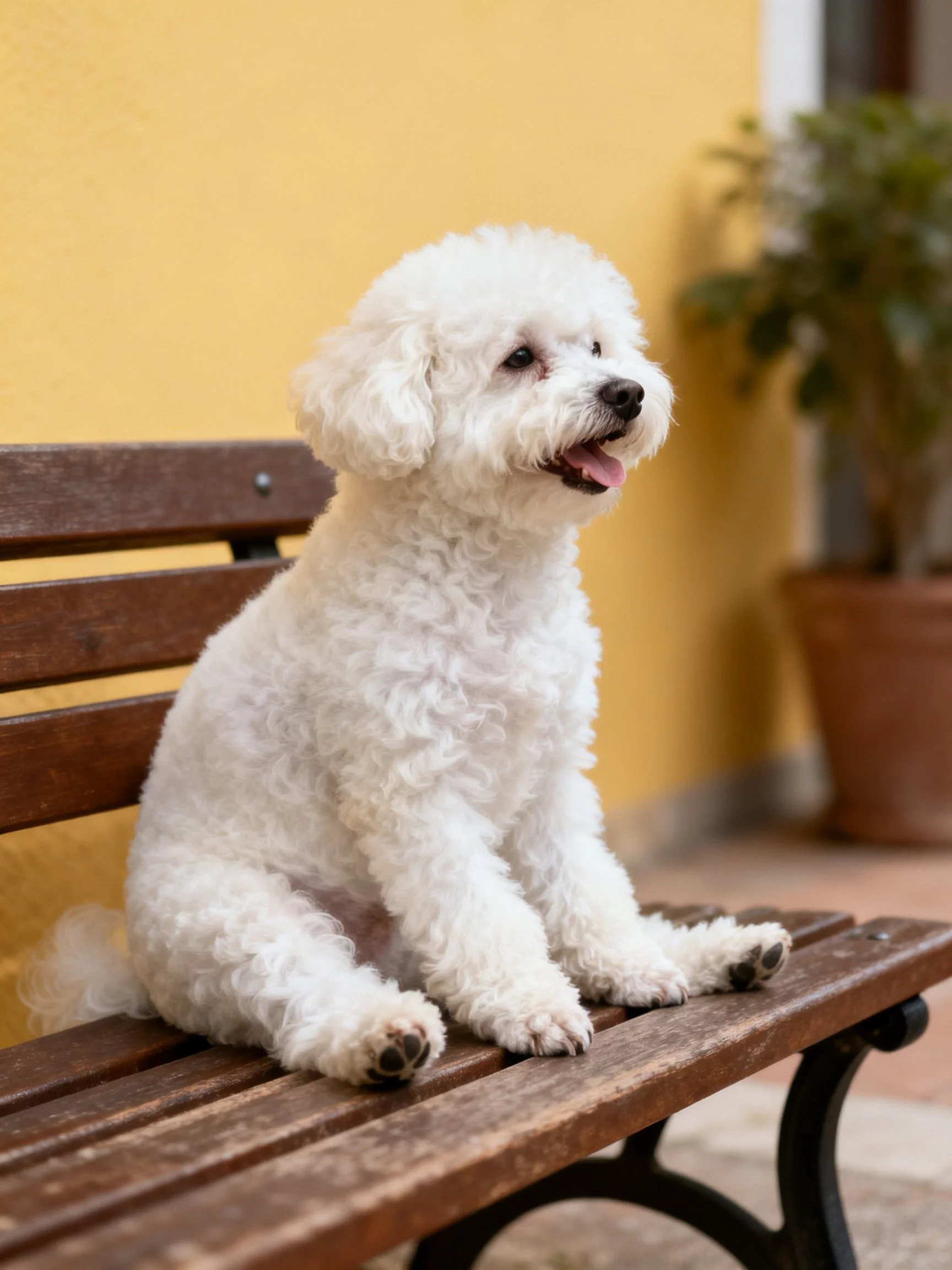 A white curly-haired dog sits calmly on a wooden bench outdoors.