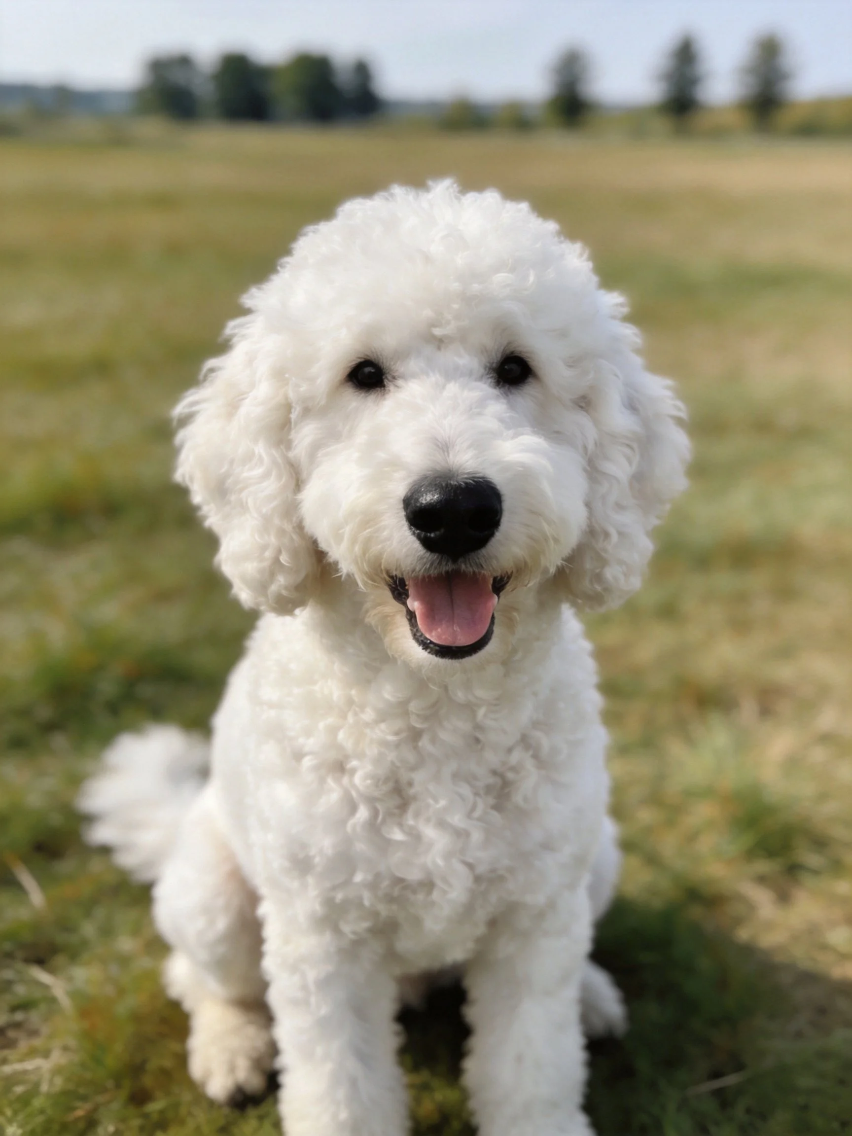 A white curly-haired dog sits on grass in an open field.