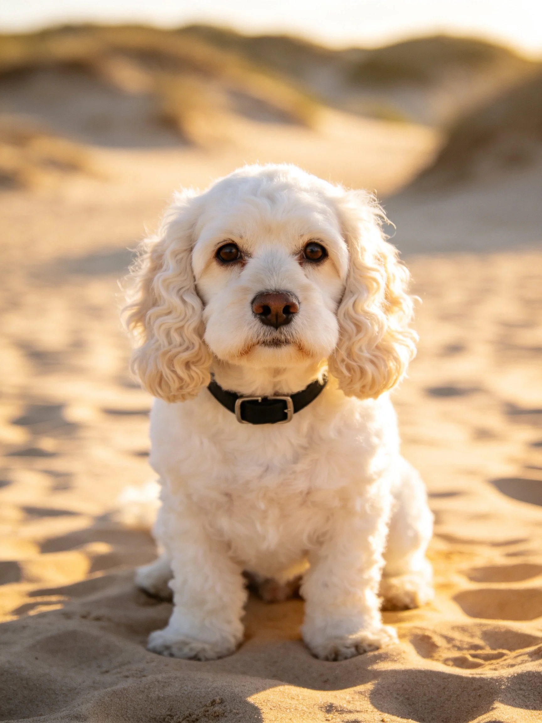 A white curly-haired dog sits calmly on sandy ground in a sunlit coastal environment.
