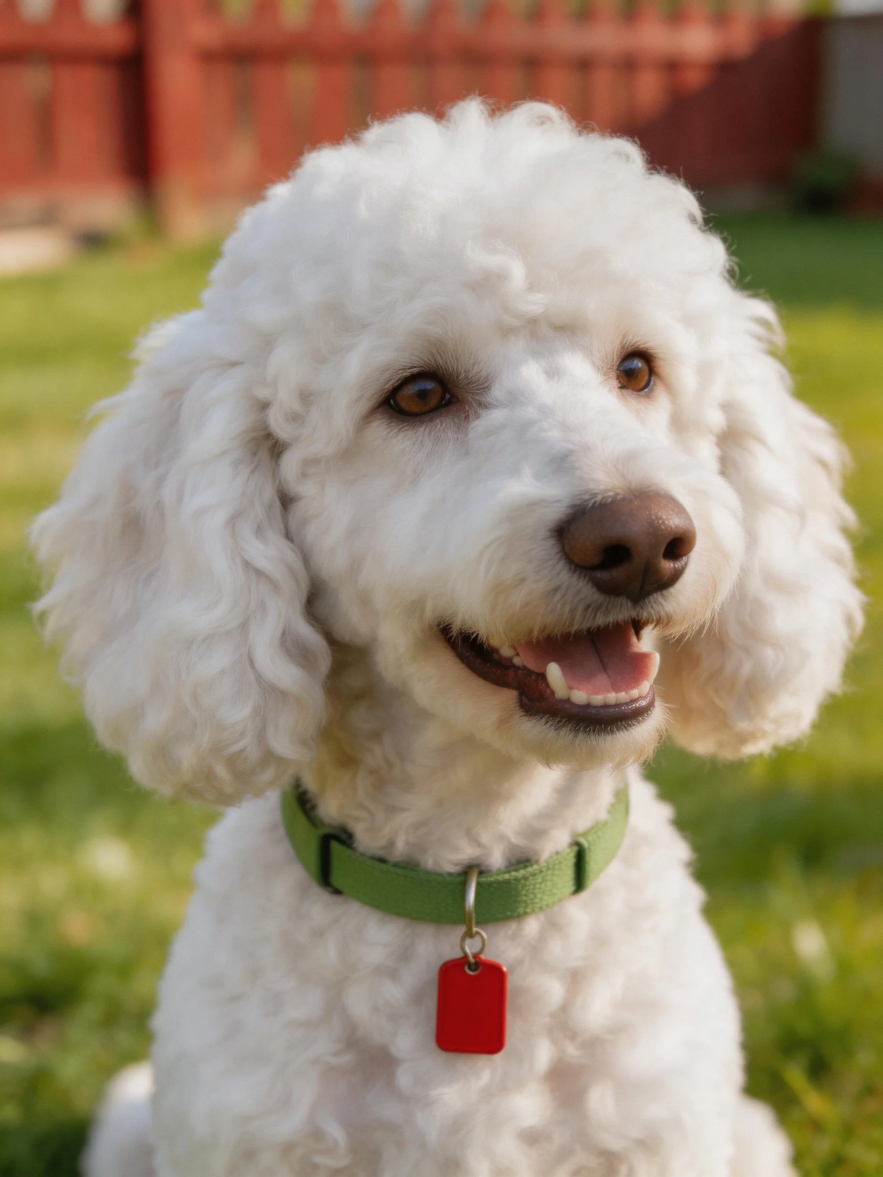 A white curly-haired dog in an outdoor grassy area wears a green collar and red tag.