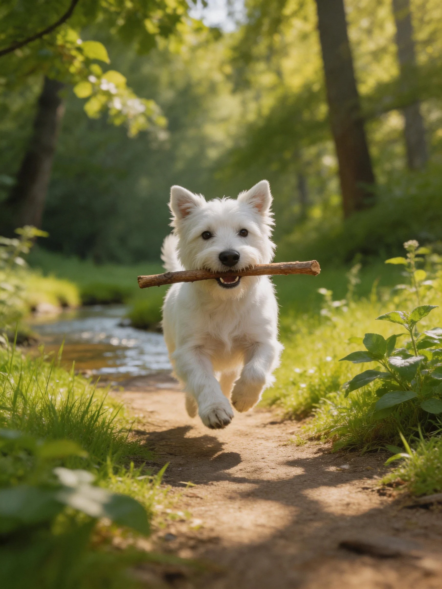 White dog carries stick while running on forest dirt path