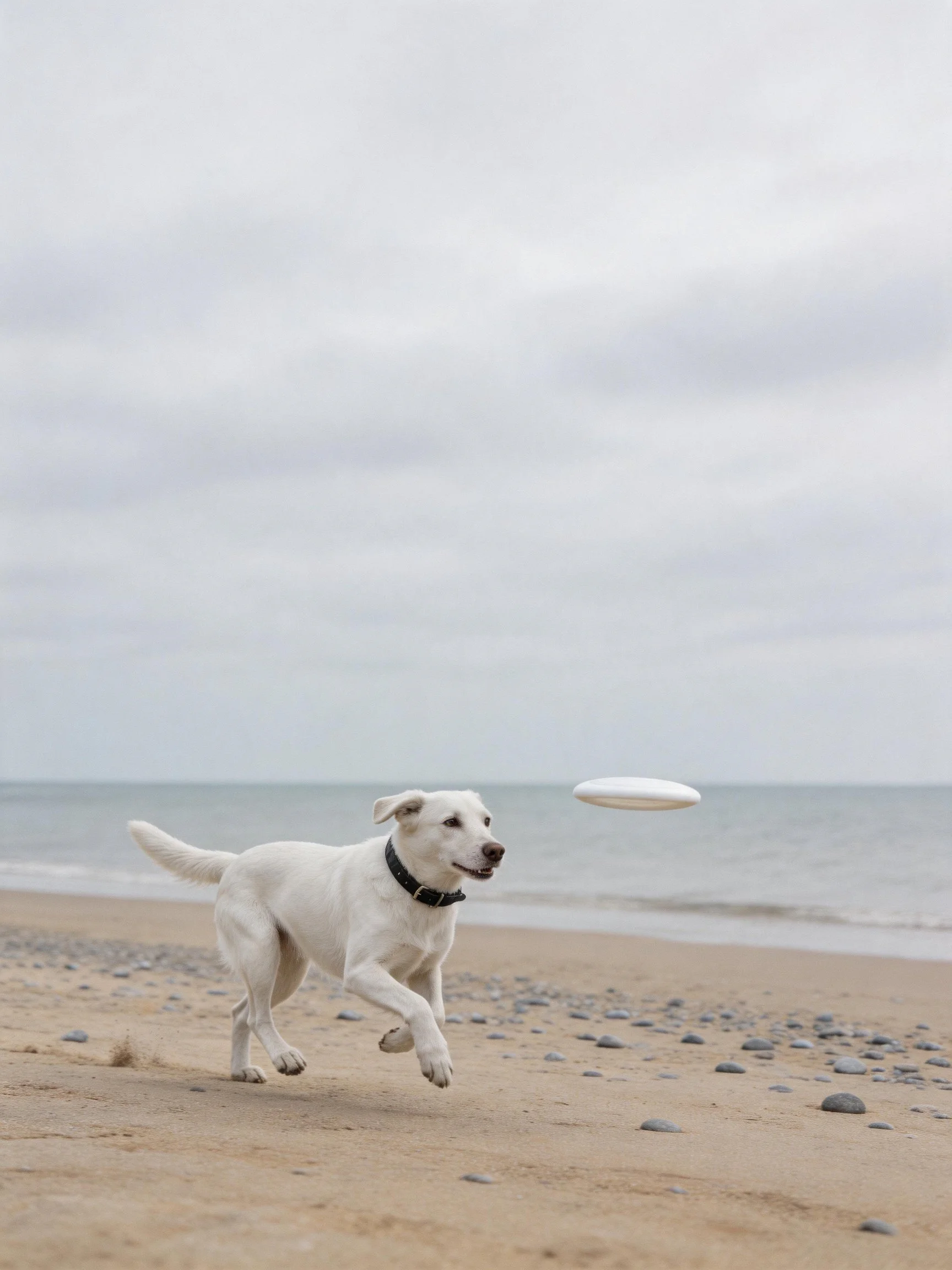 White dog chasing frisbee on pebbly sandy beach by ocean