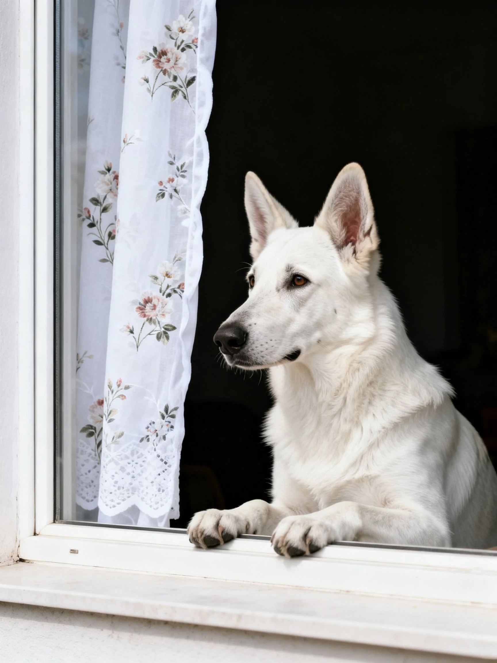 A white dog looks out from a window next to a floral lace curtain.
