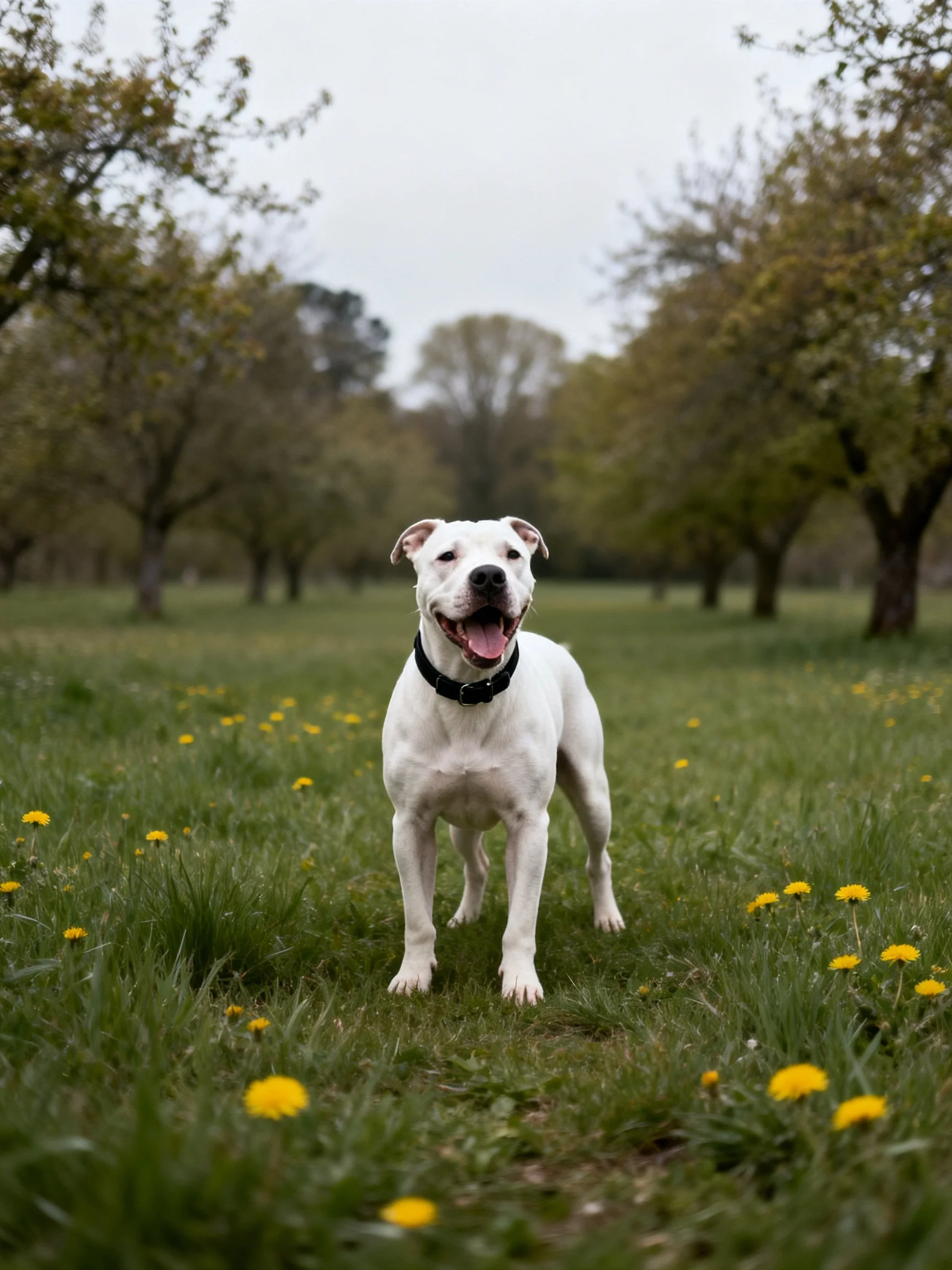 A white dog stands happily in a grassy field dotted with yellow flowers near trees.