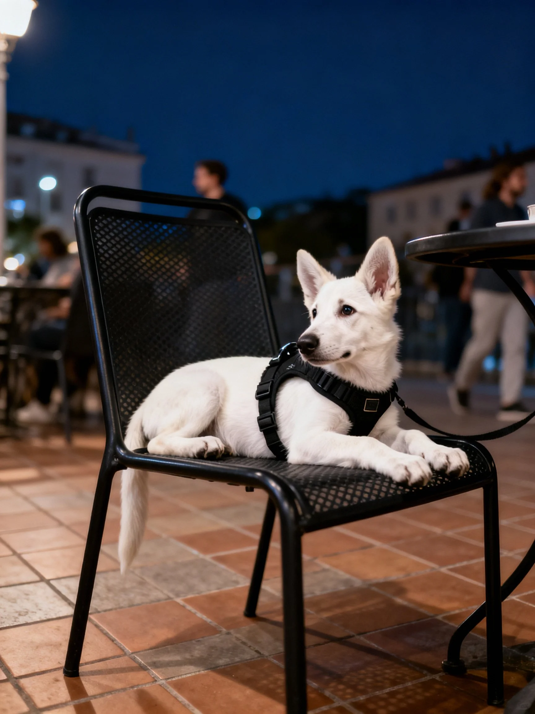 A white dog in a harness relaxes on a black chair during dusk.