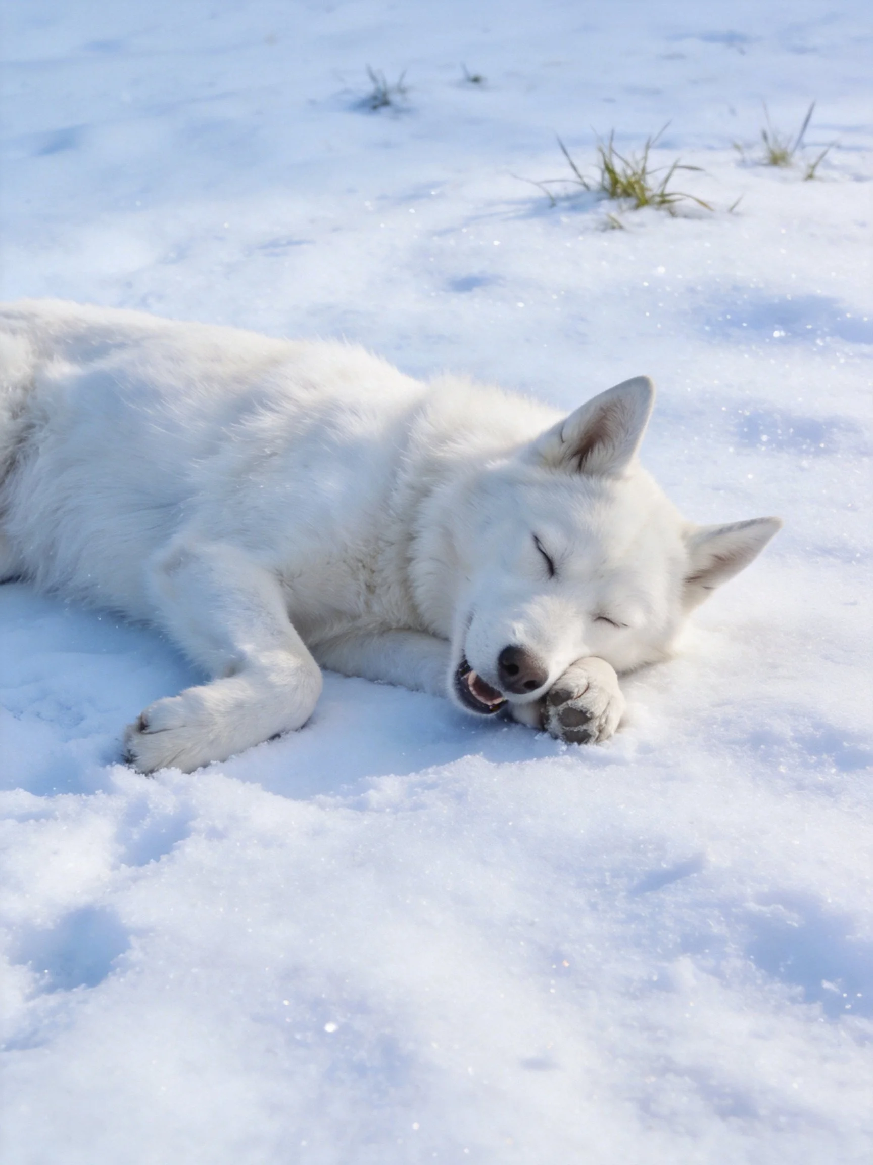 A white dog rests on glistening snow near small grassy areas.