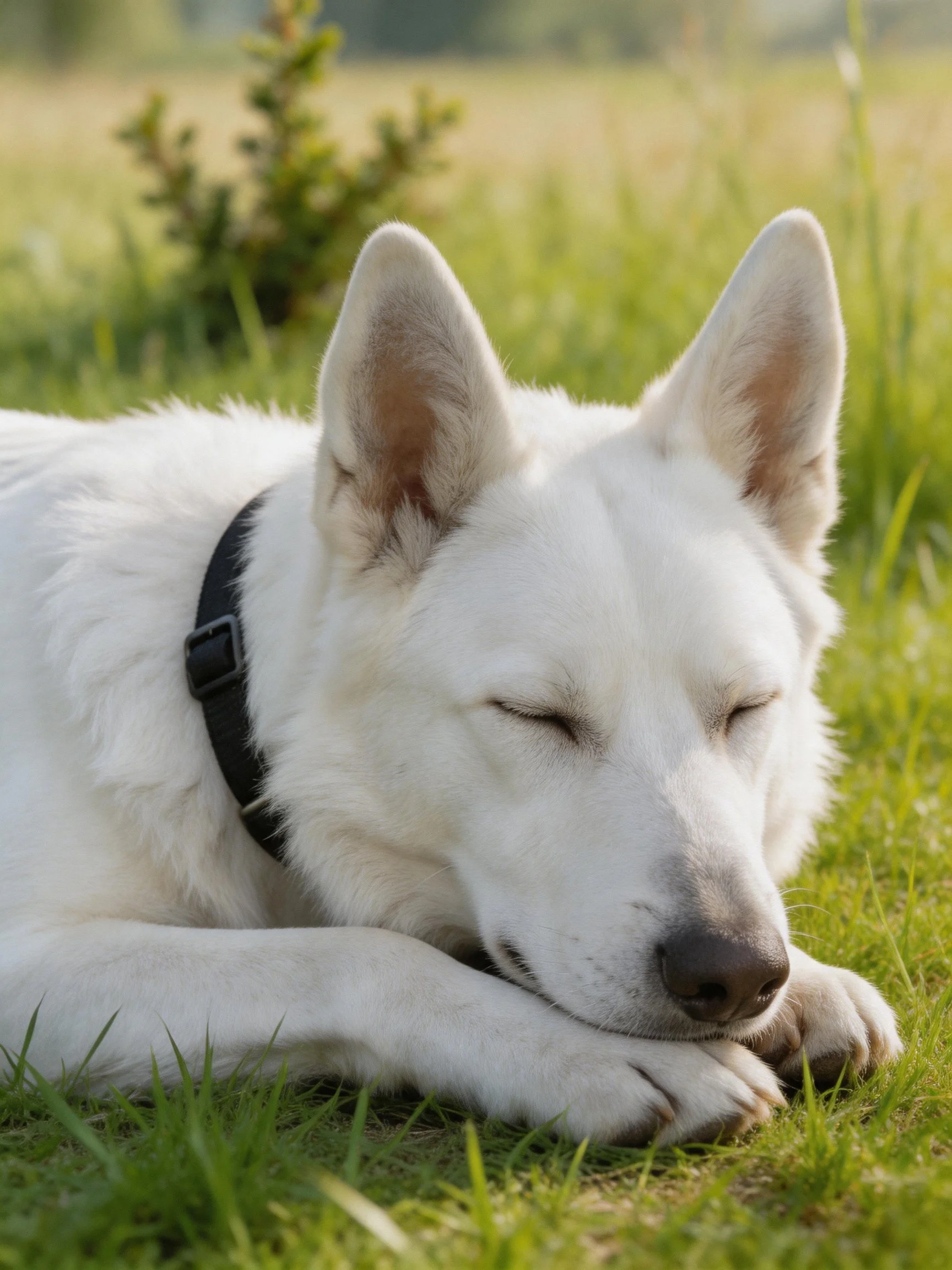 A white dog rests peacefully on bright grass under sunlight.
