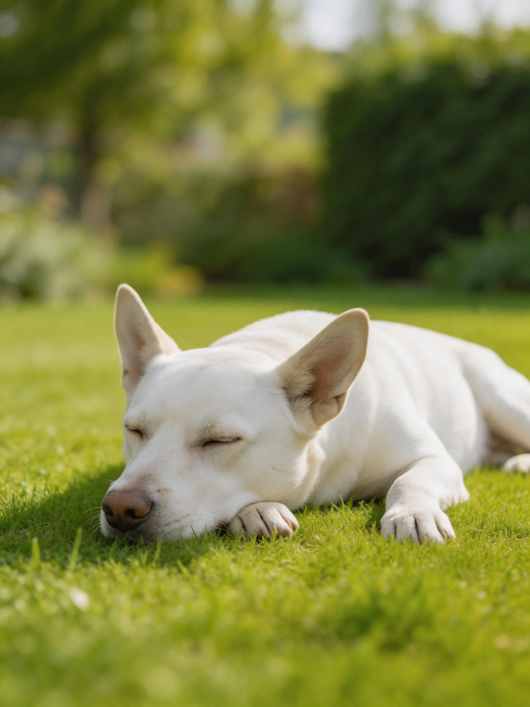 A white dog enjoys a peaceful nap on a sun-drenched green lawn in nature.