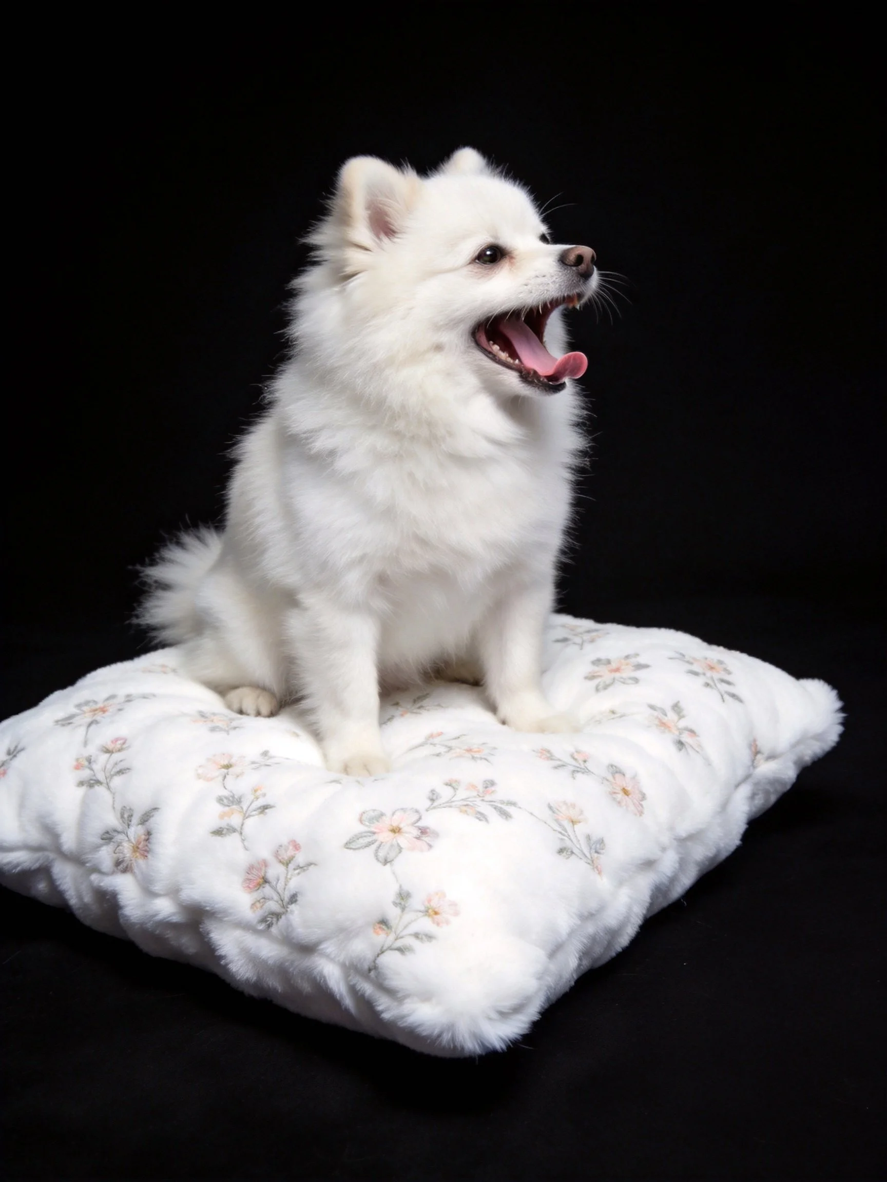 White dog on floral cushion with mouth open
