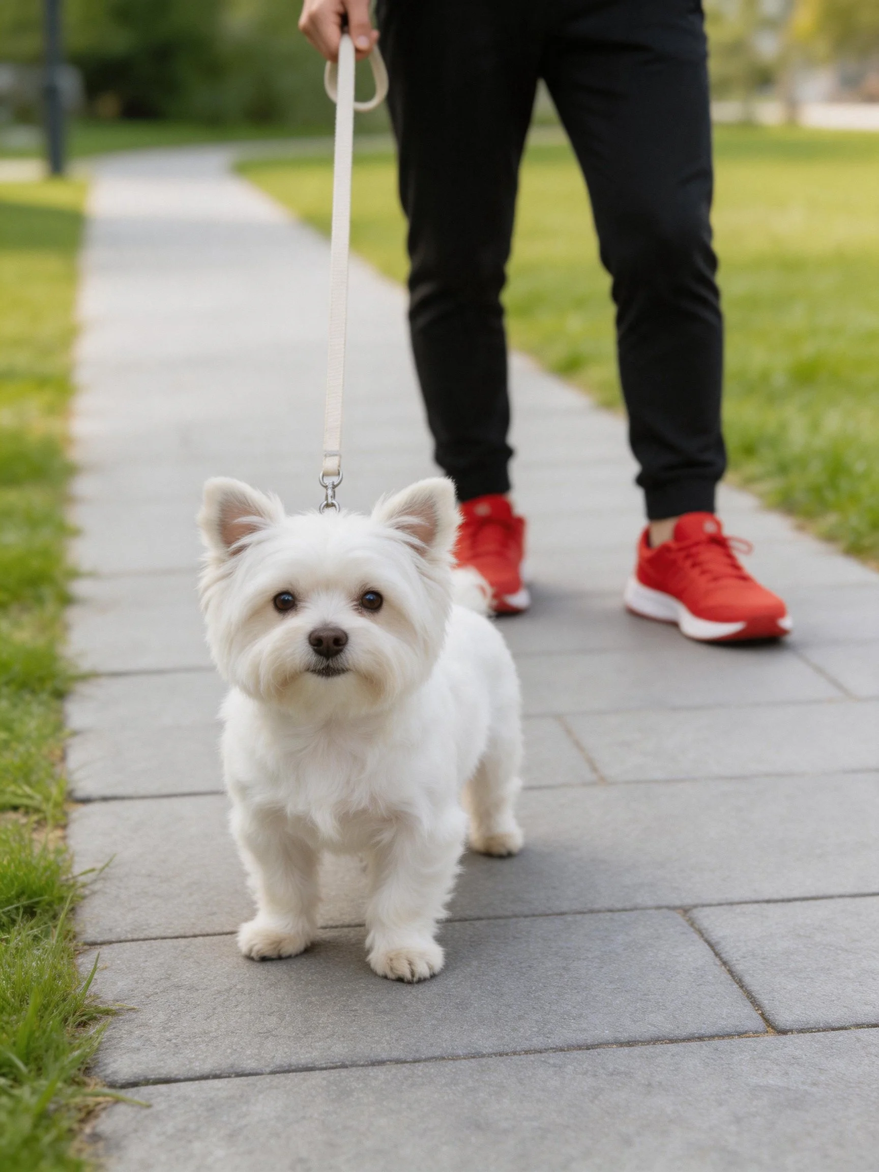White dog on leash with person in black pants and red sneakers
