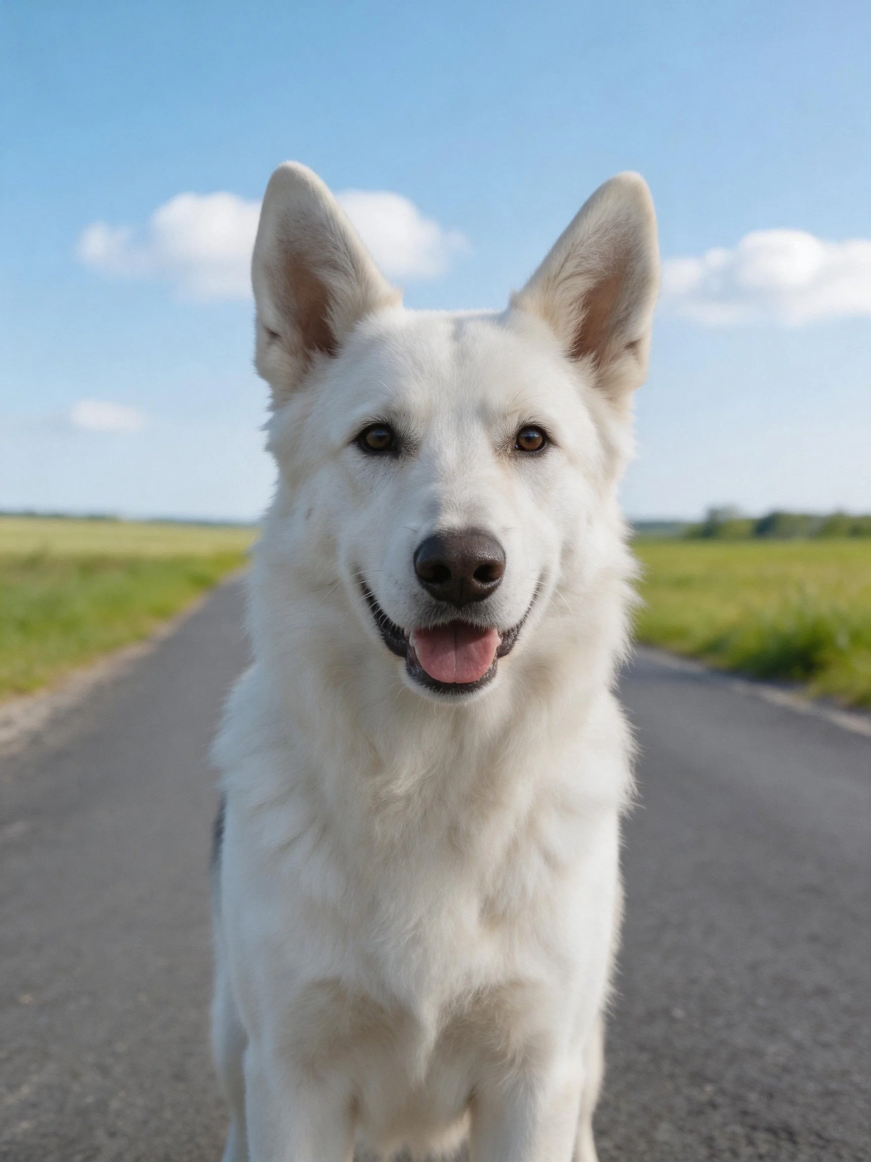 White dog stands on a rural road with green surroundings under a clear sky.