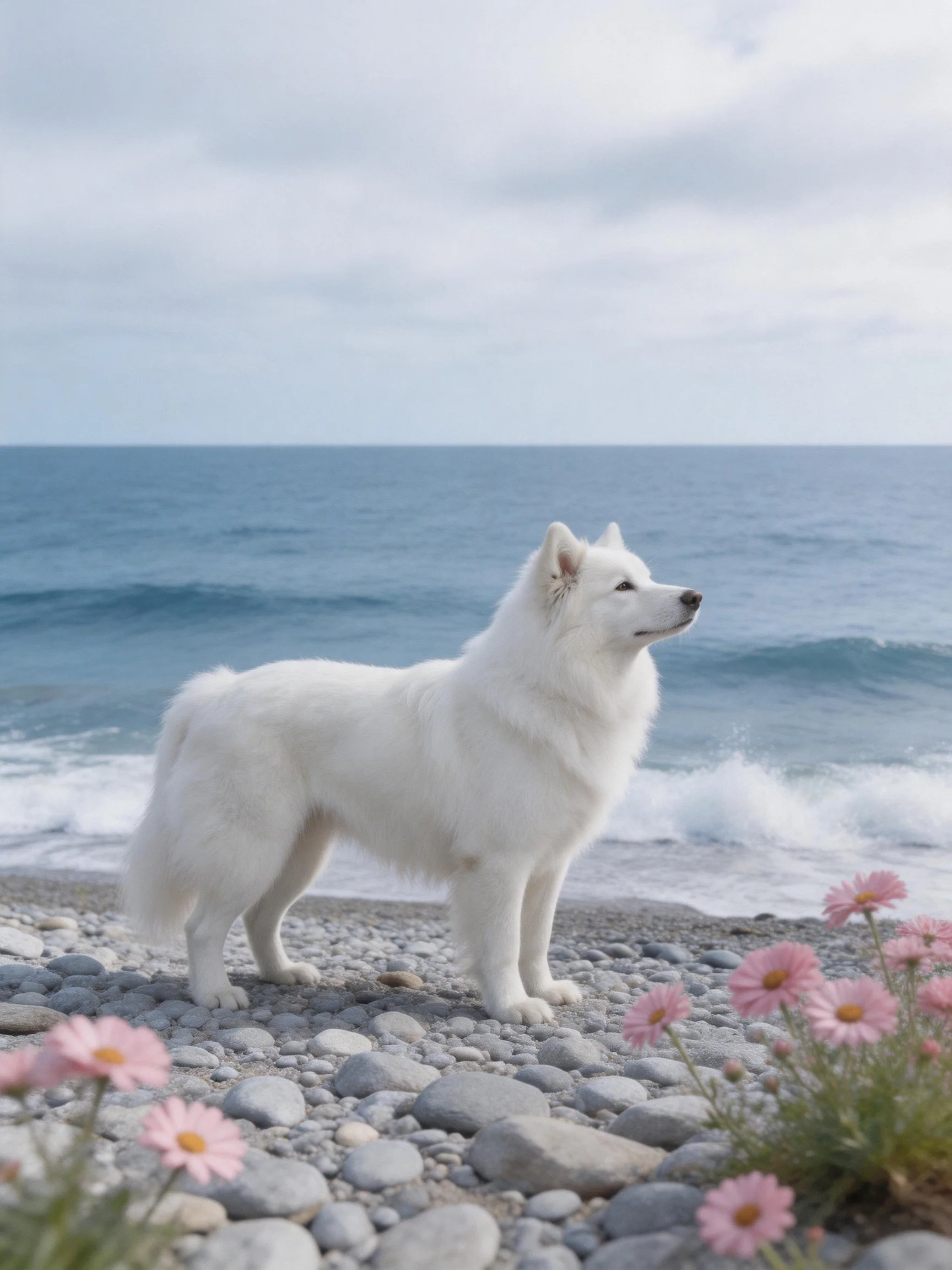White dog on pebbly shore by calm blue sea