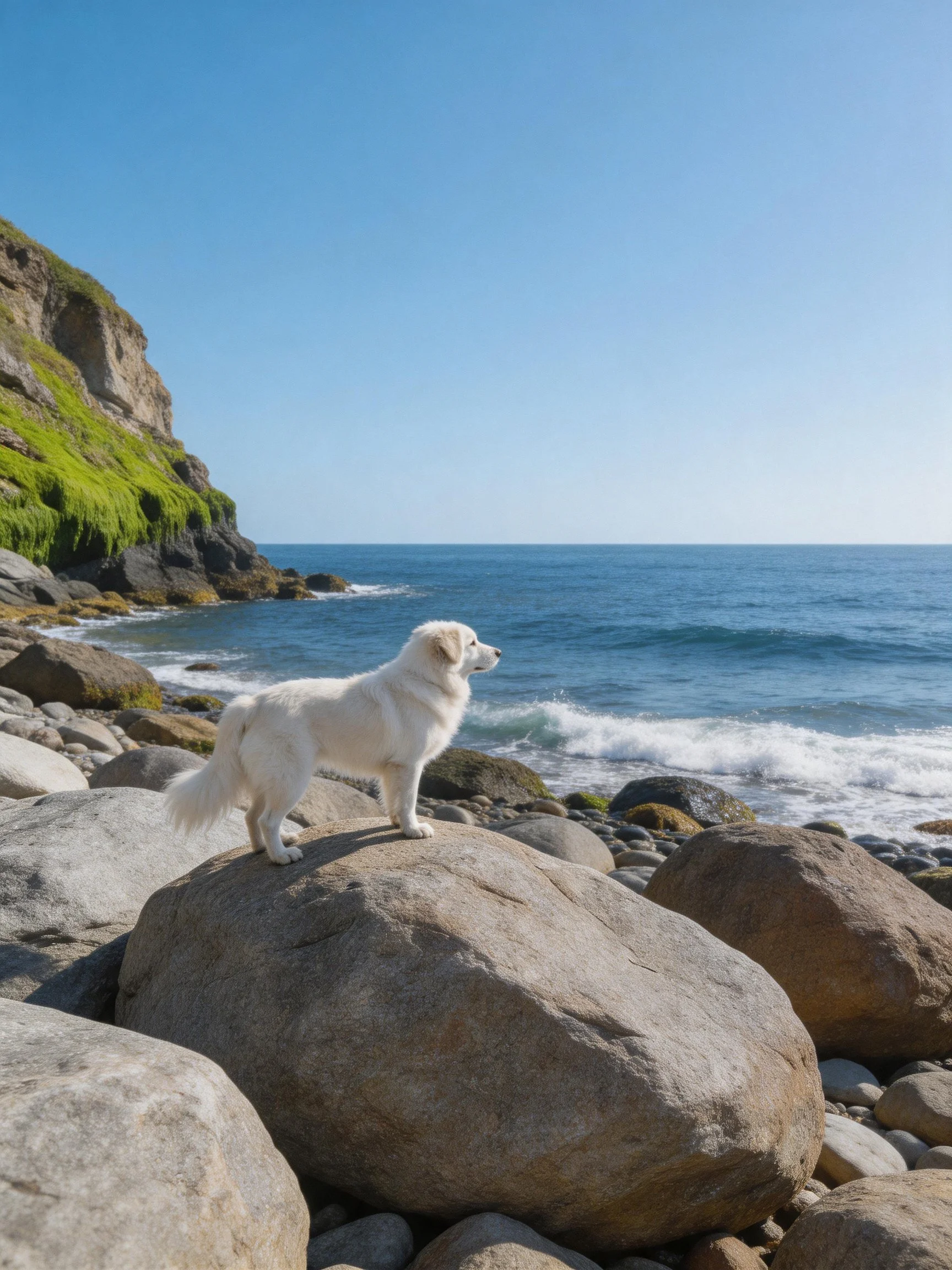 A white dog stands on rocks by the ocean next to a green-covered cliff.