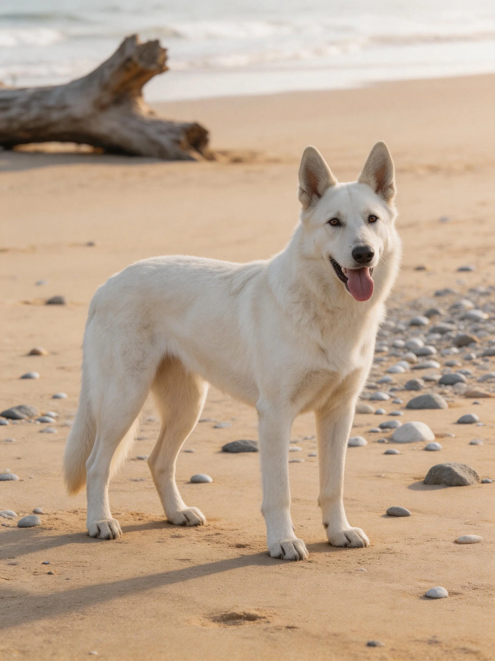 A white dog stands on a sandy beach with scattered pebbles and driftwood.