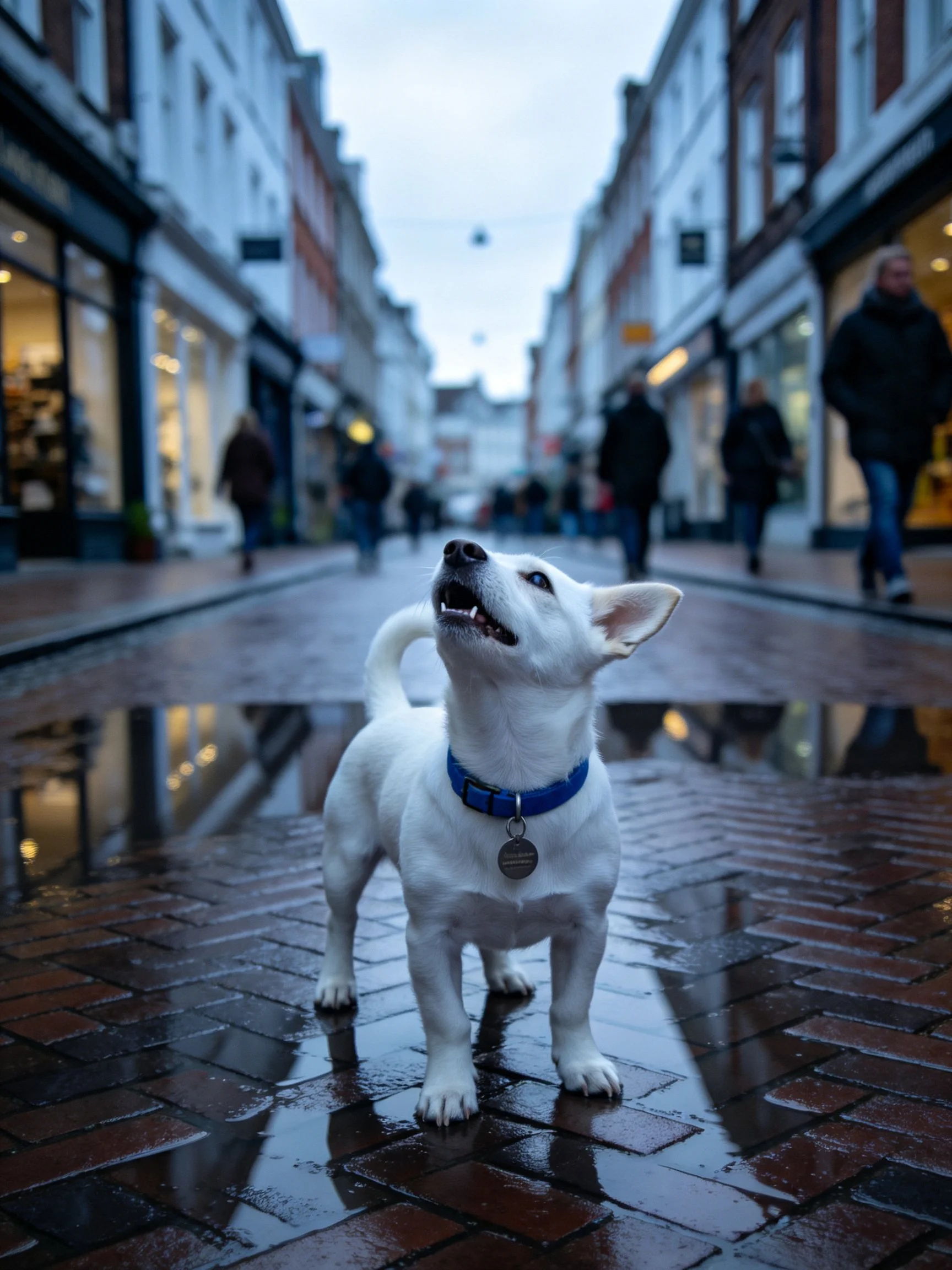 A white dog stands on a wet cobblestone street near shops and pedestrians.