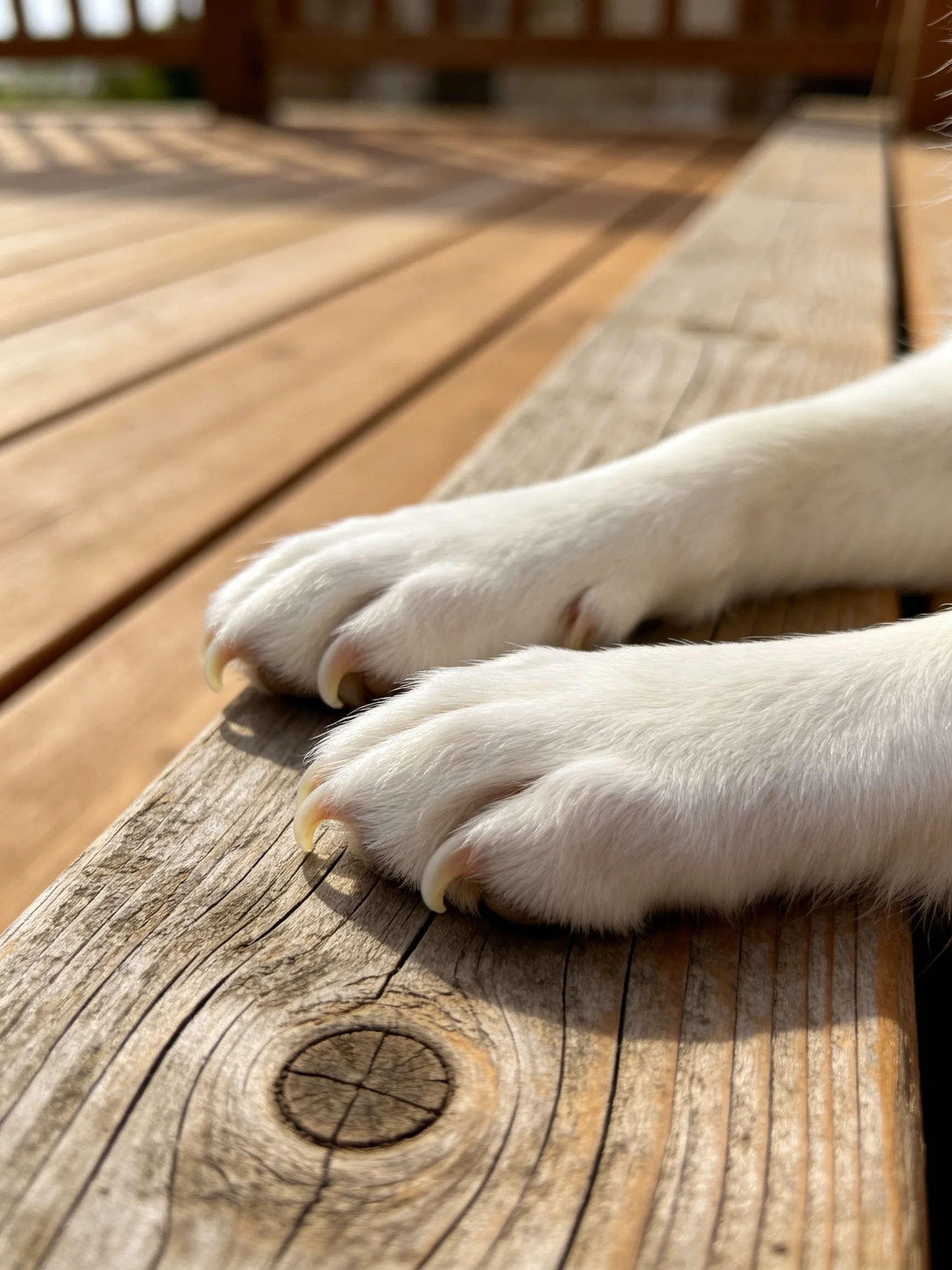 White dog paws rest on weathered wooden deck planks