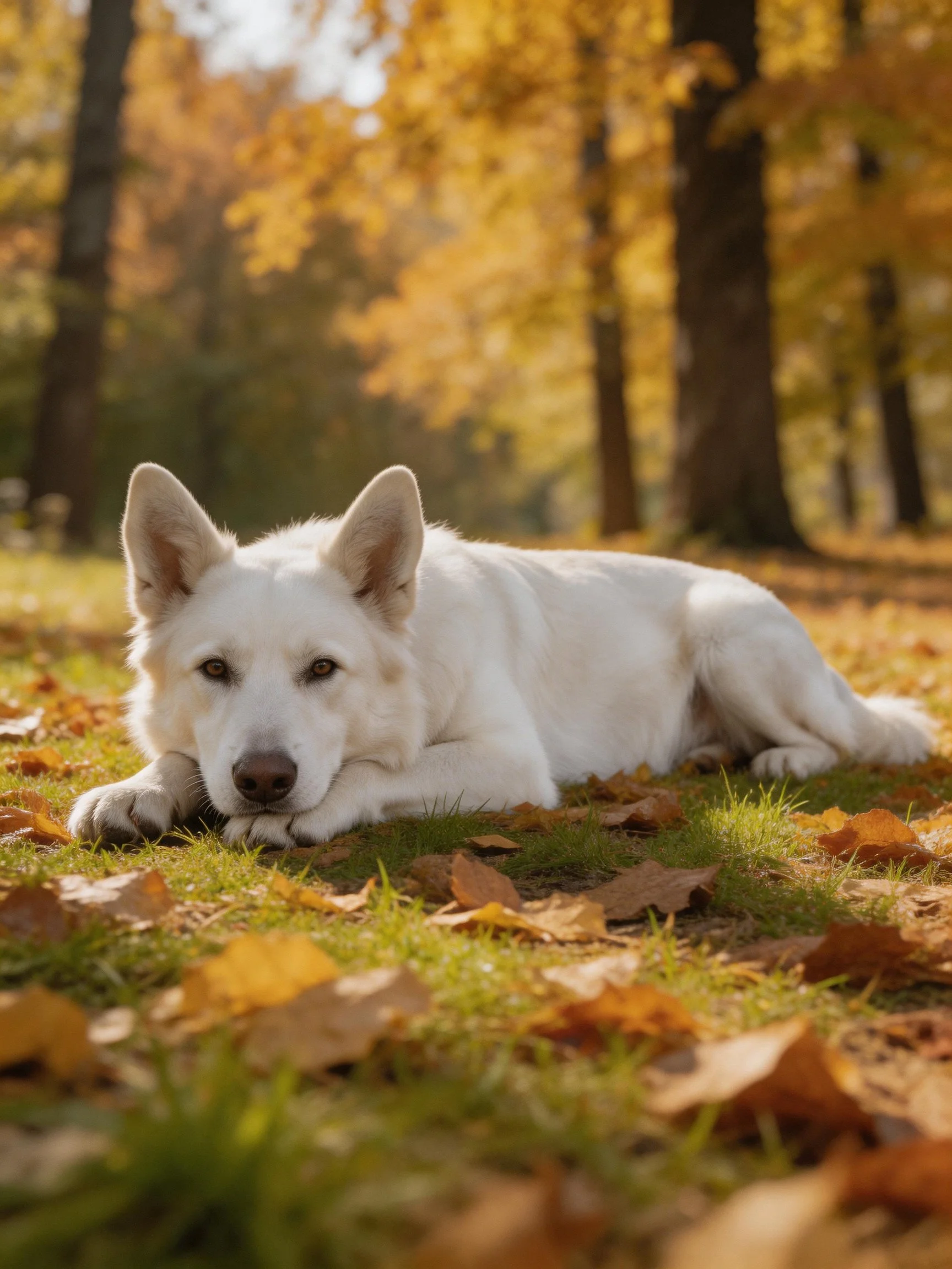 A white dog lies calmly among fallen autumn leaves in a sunlit wooded space.