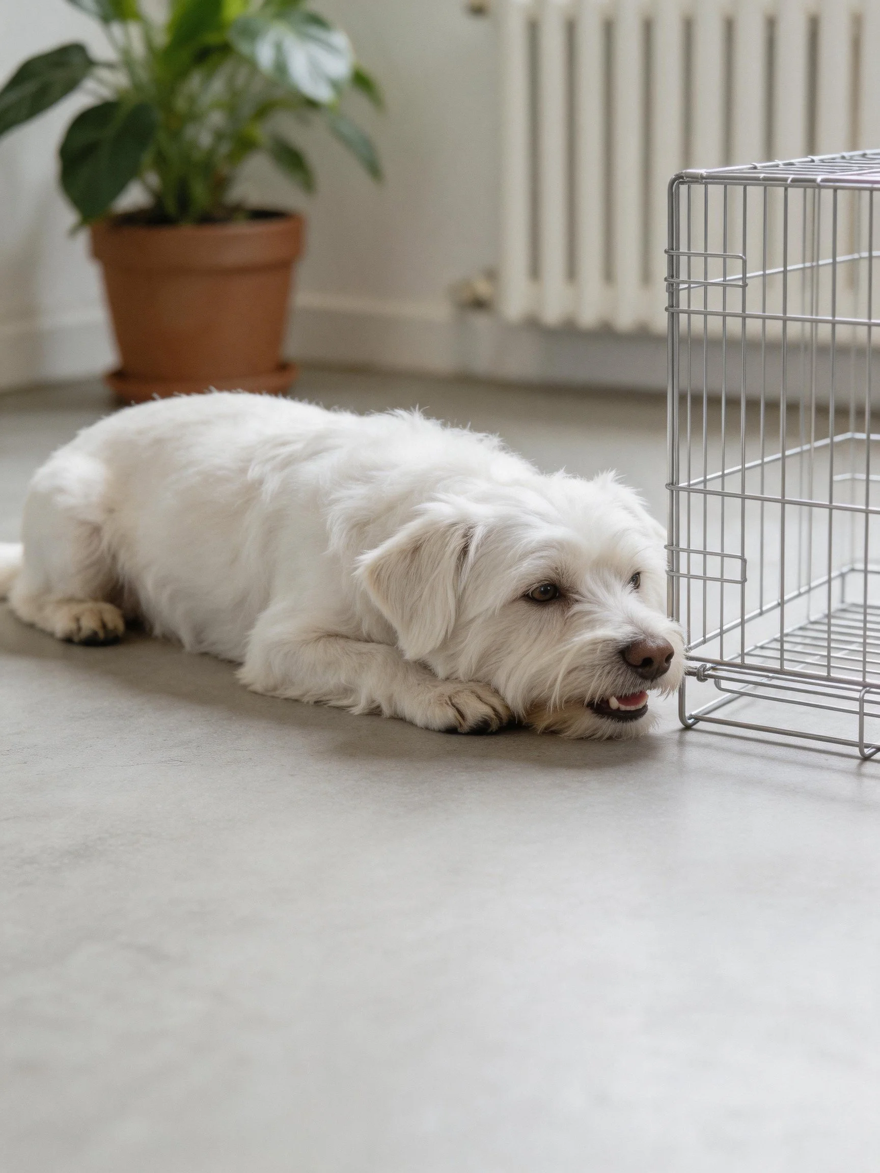 A white dog lies near an empty metal crate inside a room.