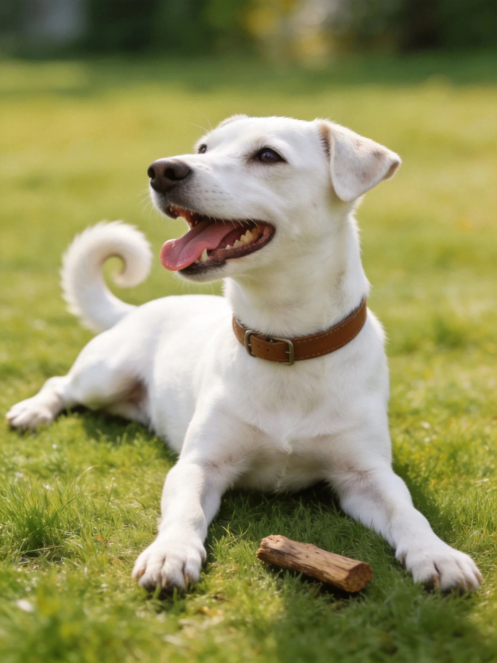 A white dog relaxes on green grass beside a small wooden object.