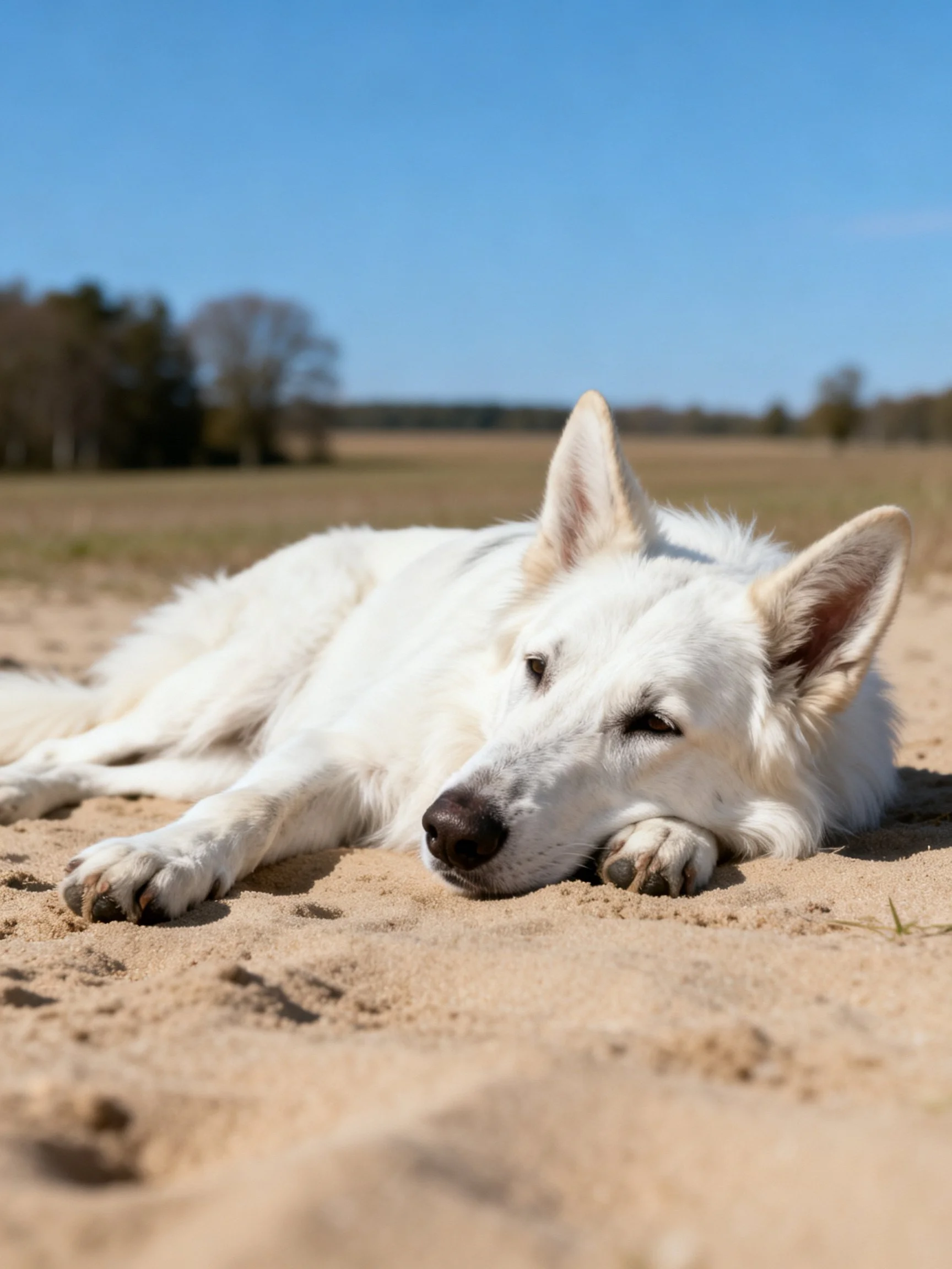 White dog resting on sandy terrain with distant trees