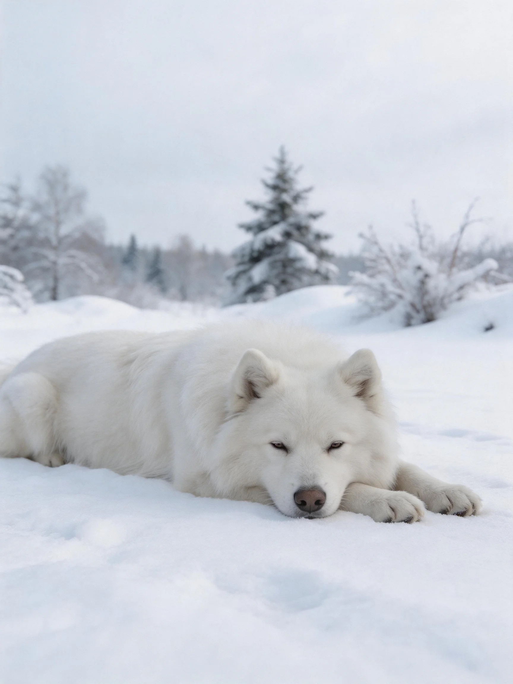 A white dog lies calmly on snow amid a wintry forest setting.